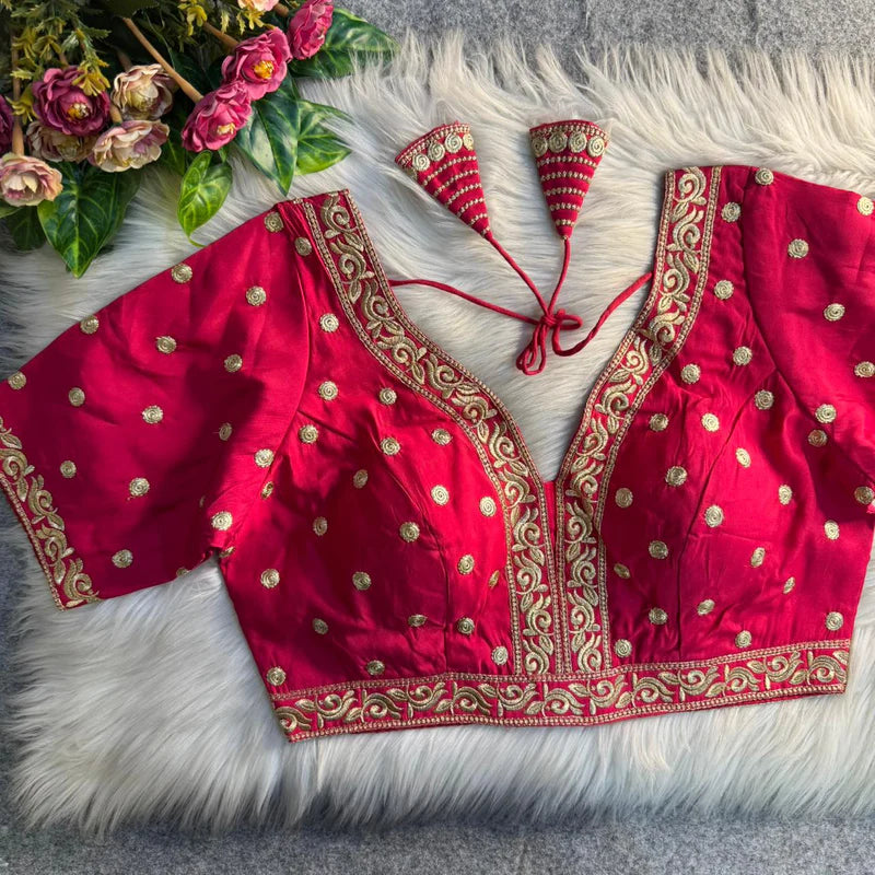 Rani Pink Heavy Embroidery Work Partywear Blouse in Roman Silk with Embroidery & Sequins