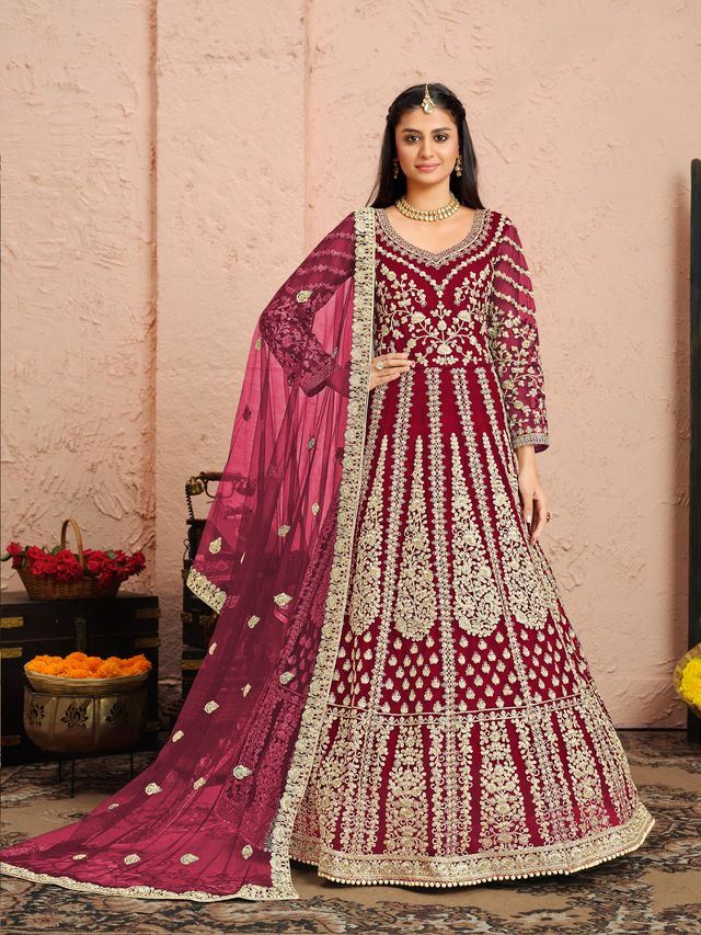Rani Pink Net Heavy Thread Embroidery And Zari Work  Anarkali Suits