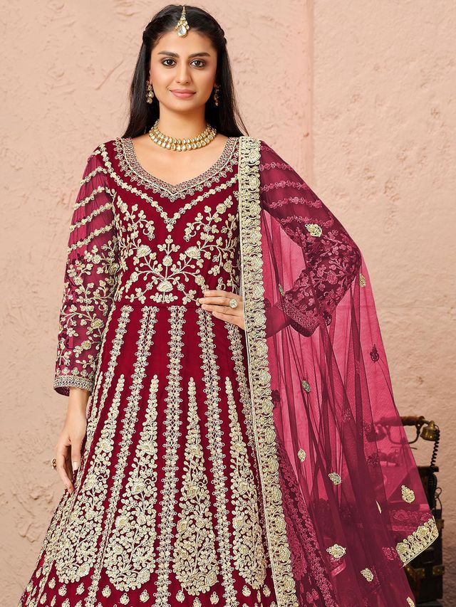 Rani Pink Net Heavy Thread Embroidery And Zari Work  Anarkali Suits