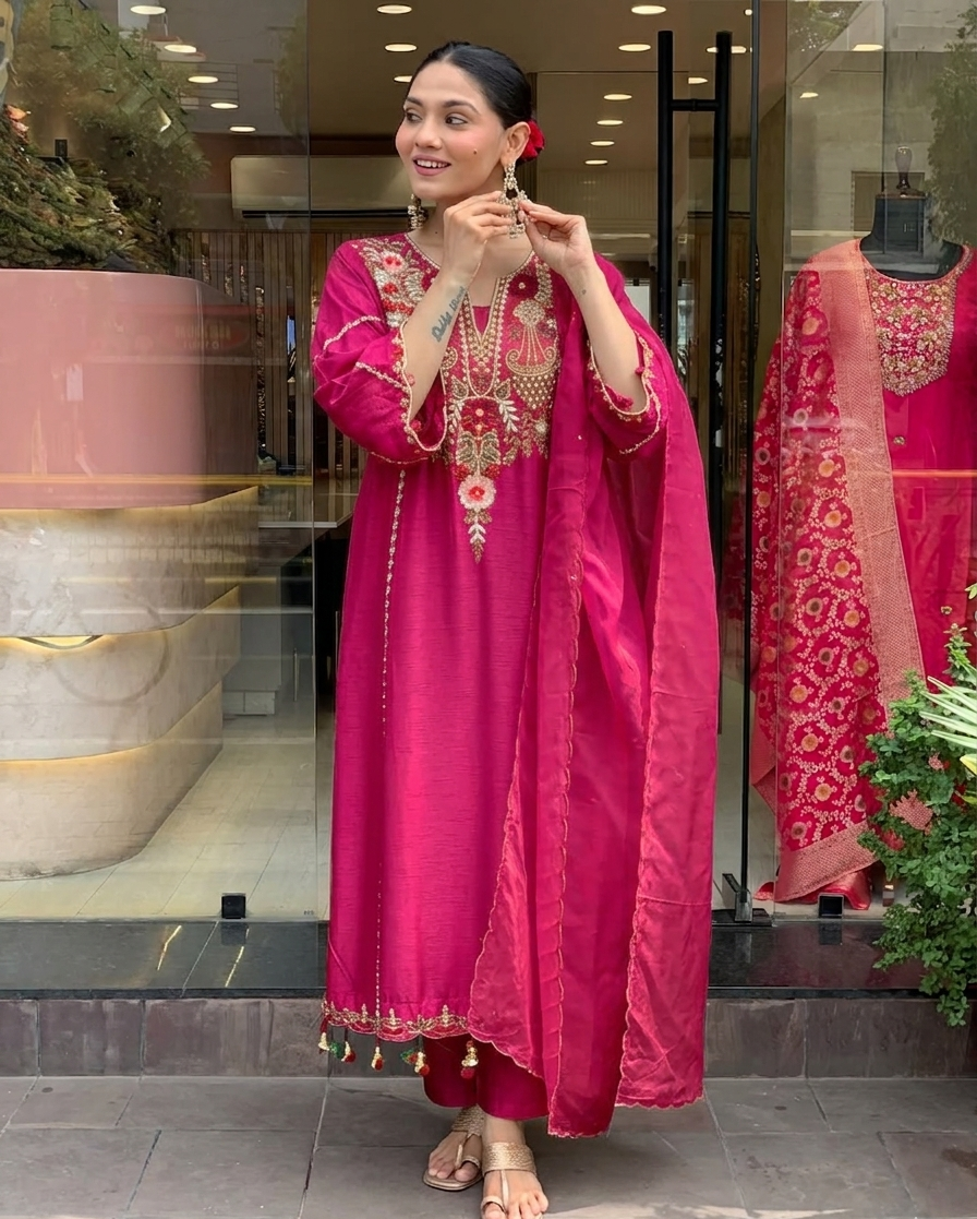 Rani Pink P.V Chanderi Kurta Pant Set With Heavy Thread Embroidery Work