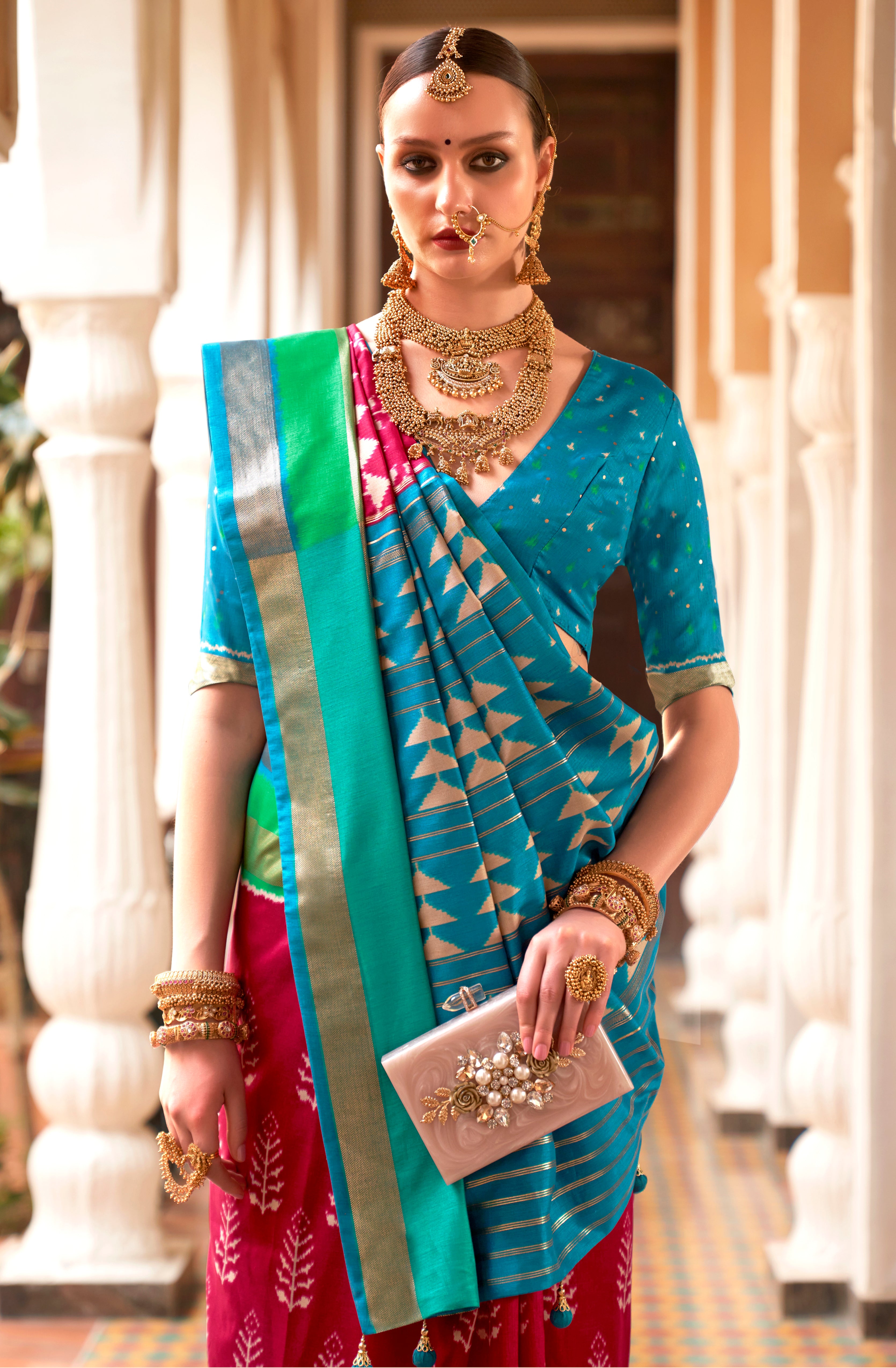 Rani Pink Patola Silk Saree with  Printed