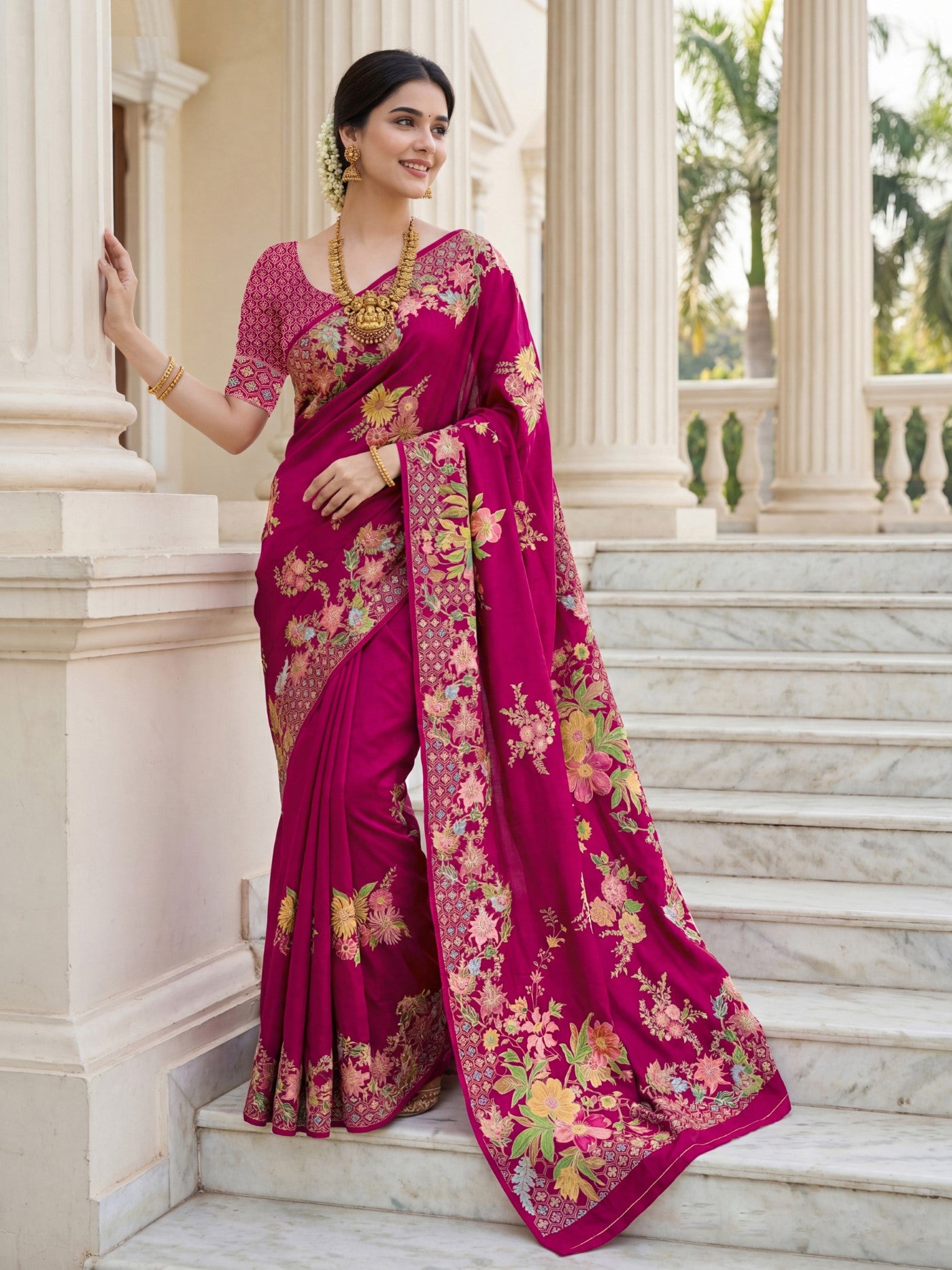 Rani Pink Premium Russian Silk Saree With Designer Floral Position Print