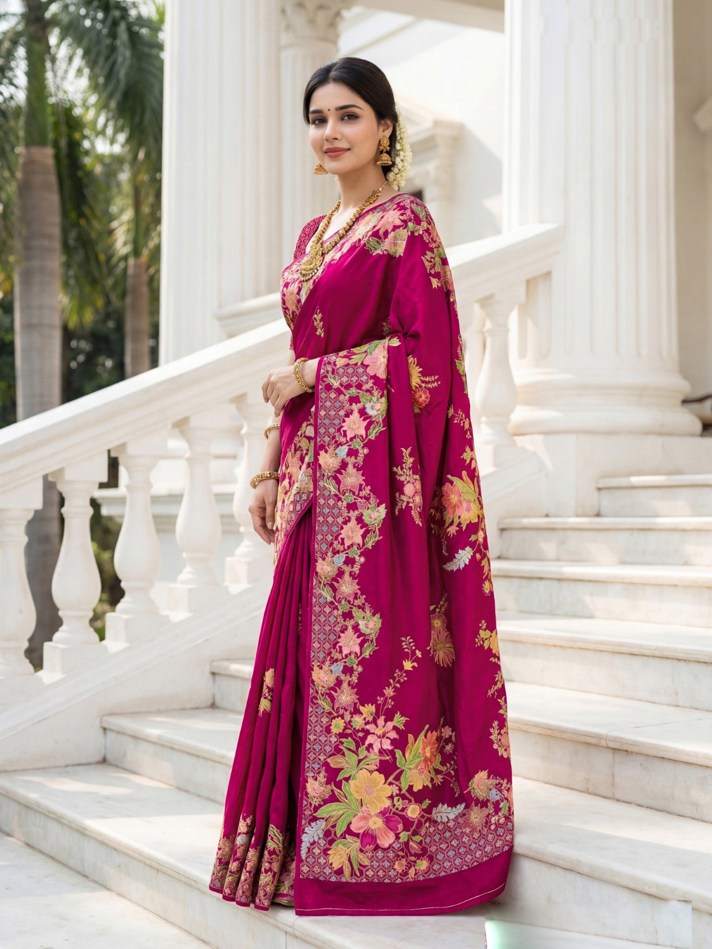 Rani Pink Premium Russian Silk Saree With Designer Floral Position Print