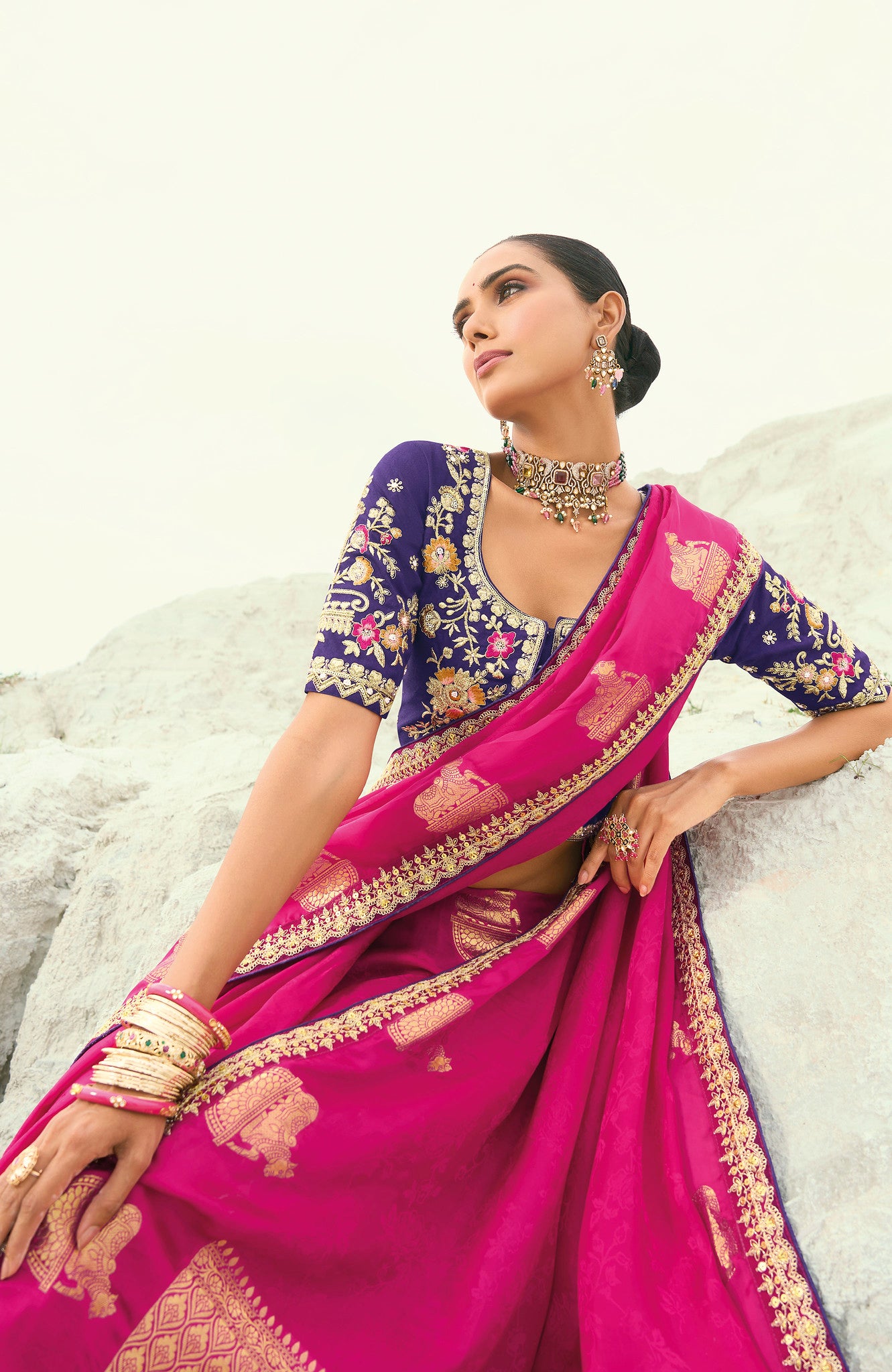 Rani Pink Saree With  Coding Border With Cut-Dana, Moti Heavy Work Blouse