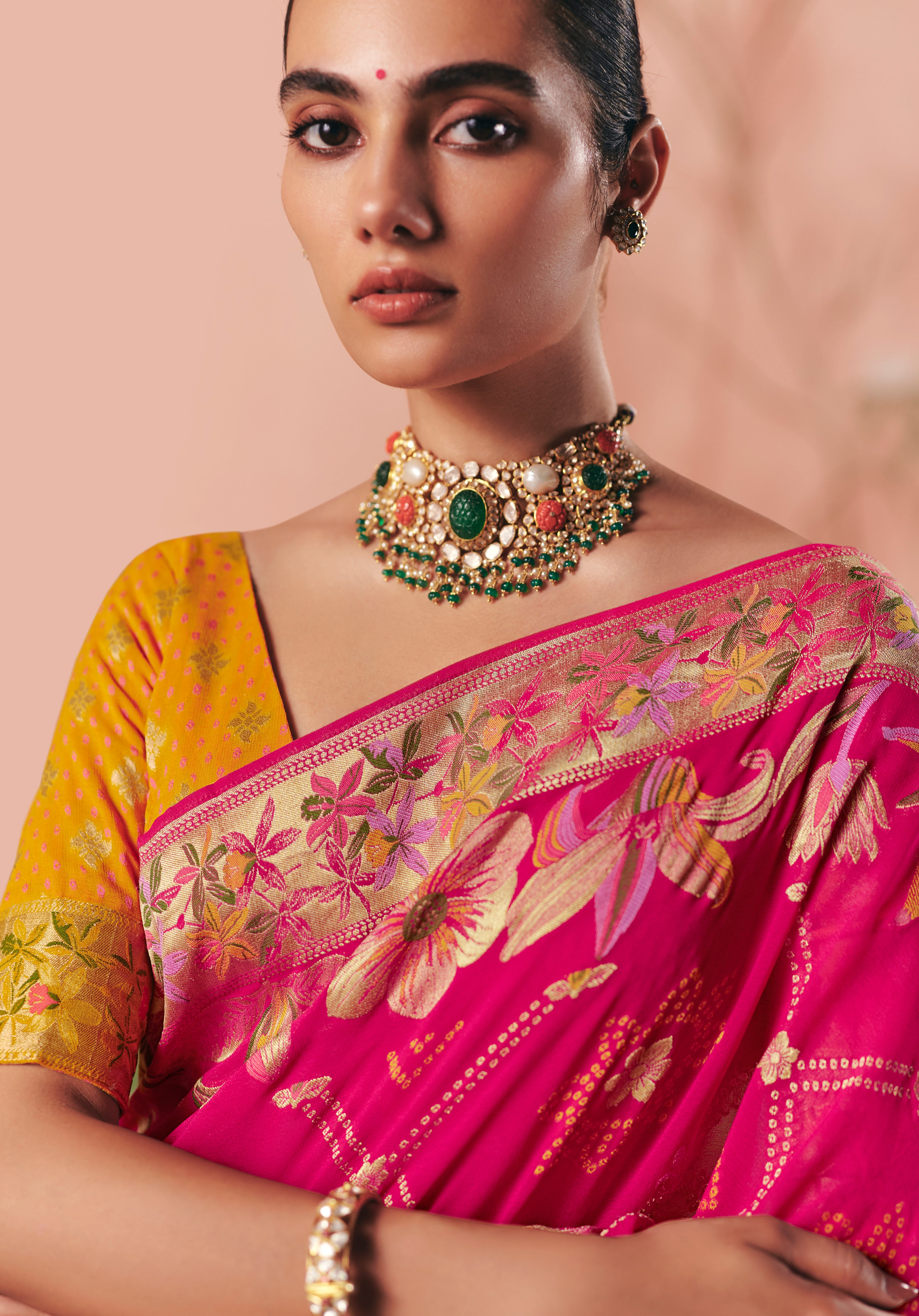 Rani Pink Saree With  Designer Bandhej Weaving Work With Beutifull Tassles Attached