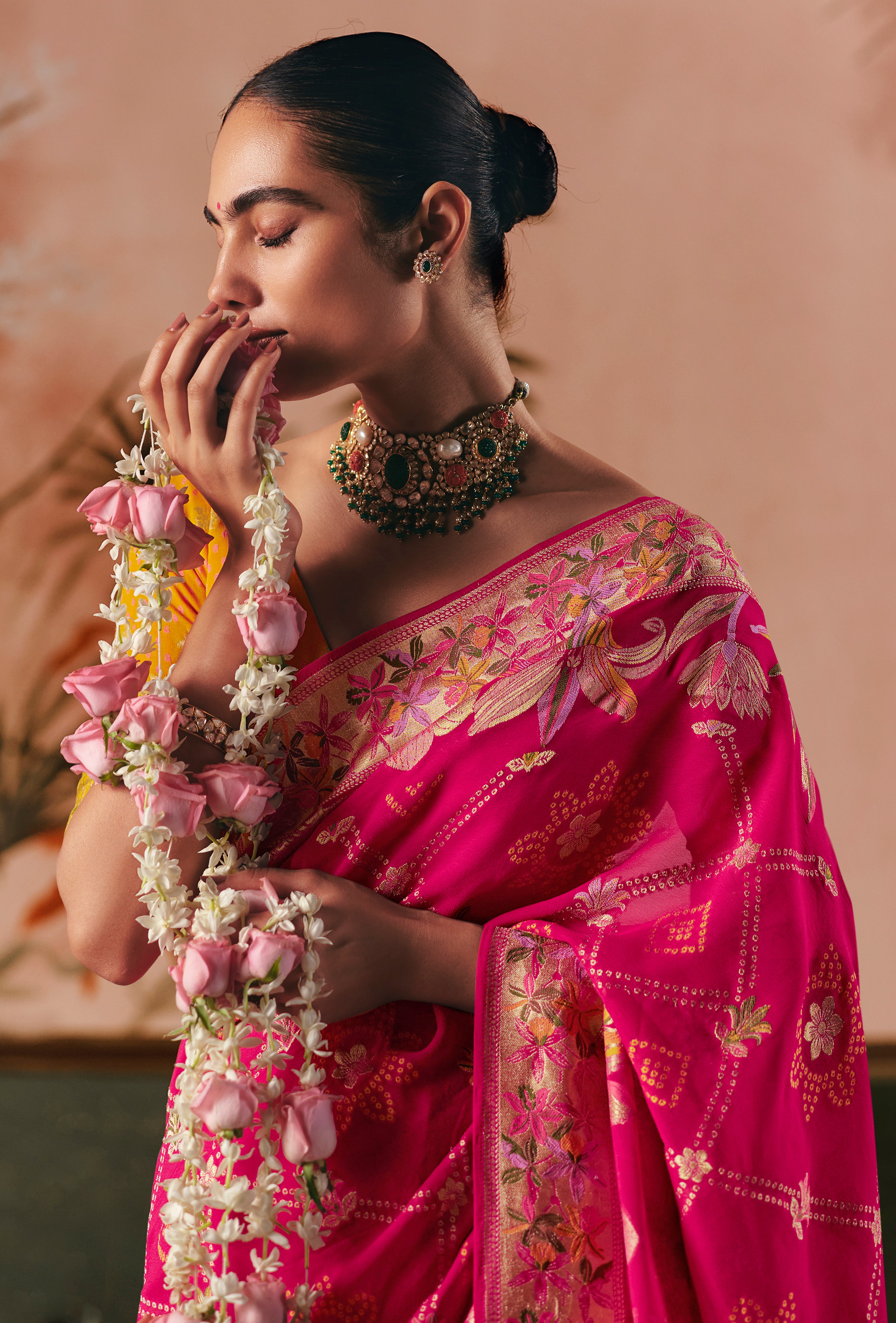 Rani Pink Saree With  Designer Bandhej Weaving Work With Beutifull Tassles Attached