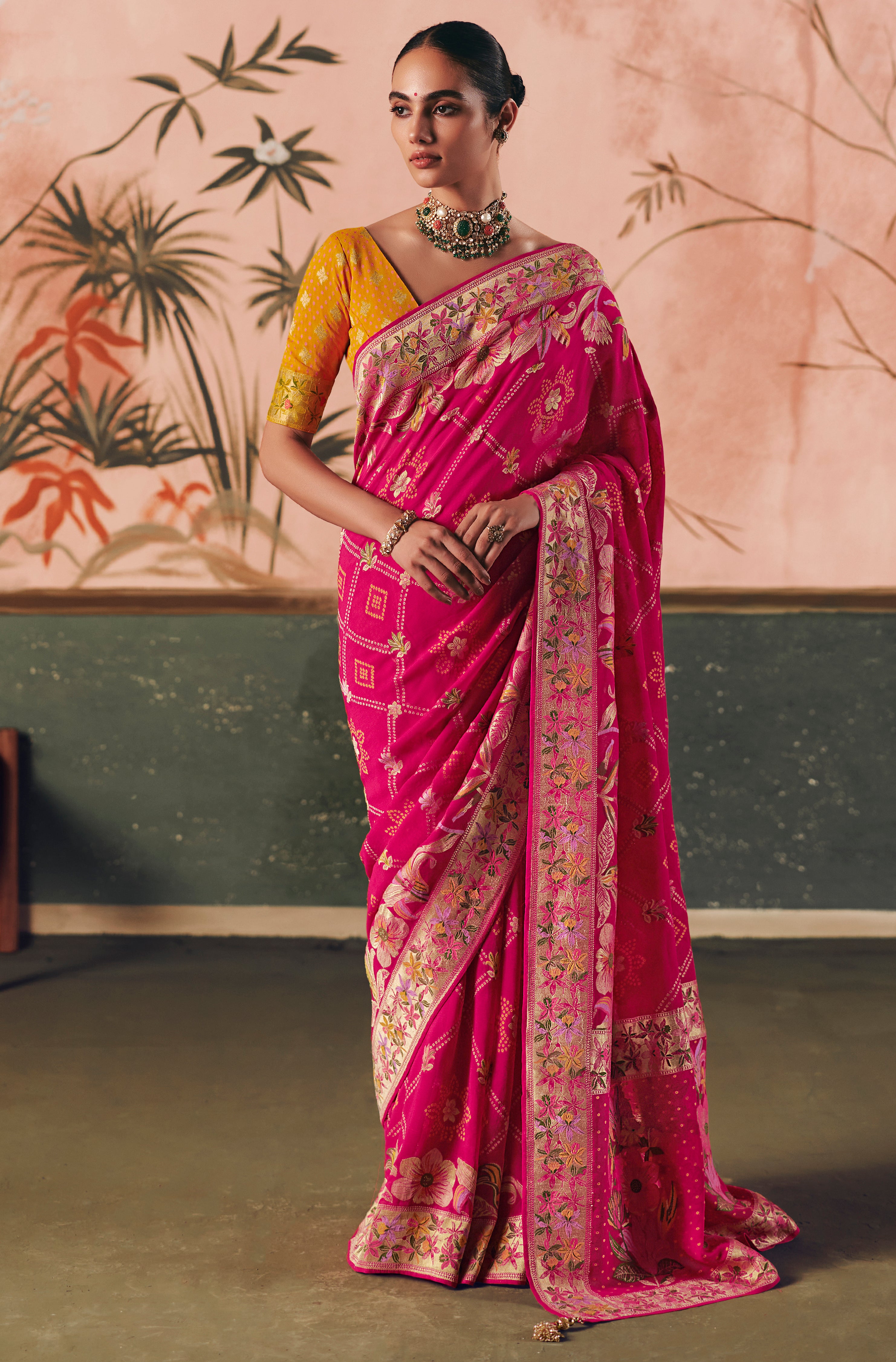 Rani Pink Saree With  Designer Bandhej Weaving Work With Beutifull Tassles Attached