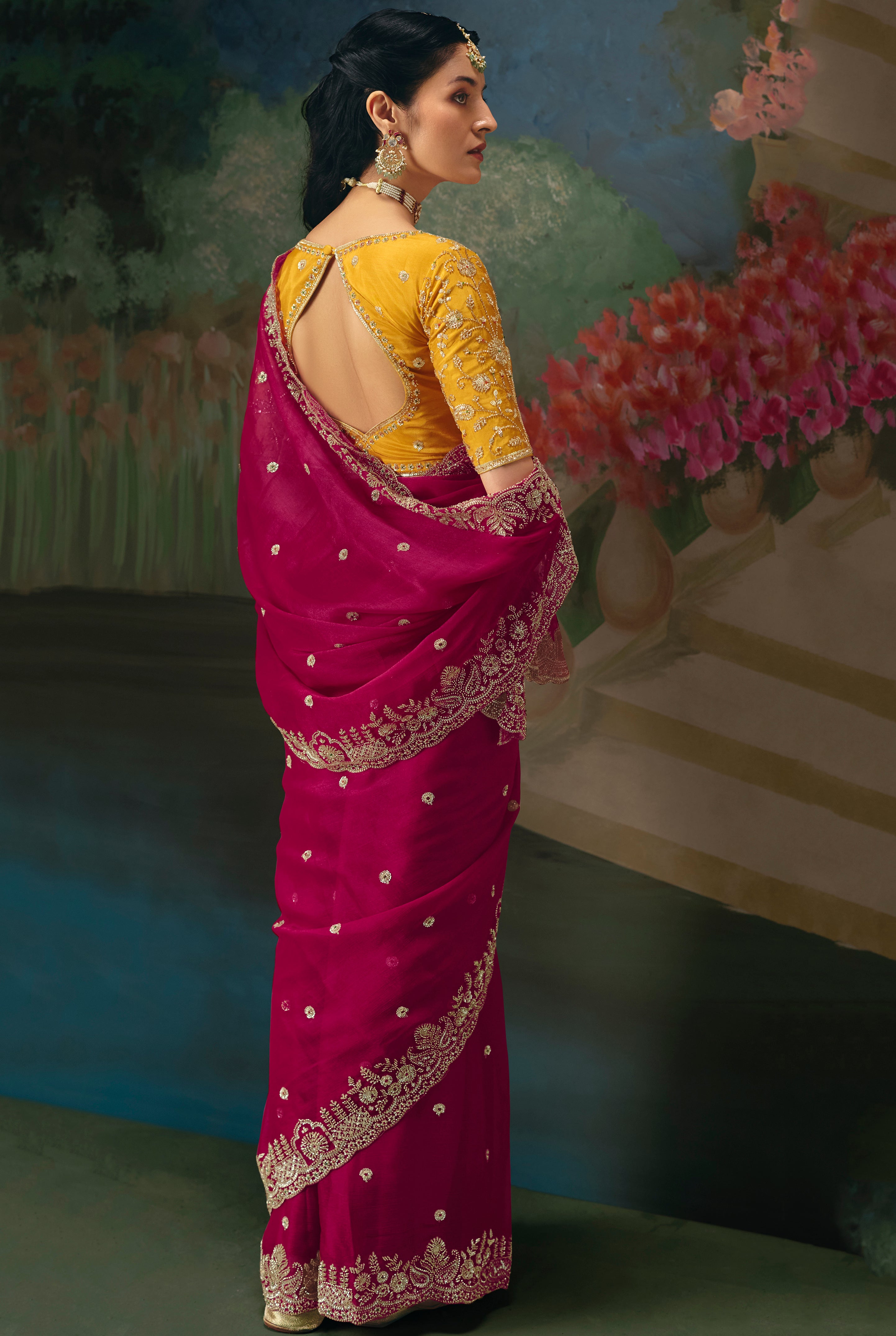 Rani Pink Saree With  Heavy Designer Embroidery, Sequince, Stone, With Beads Work