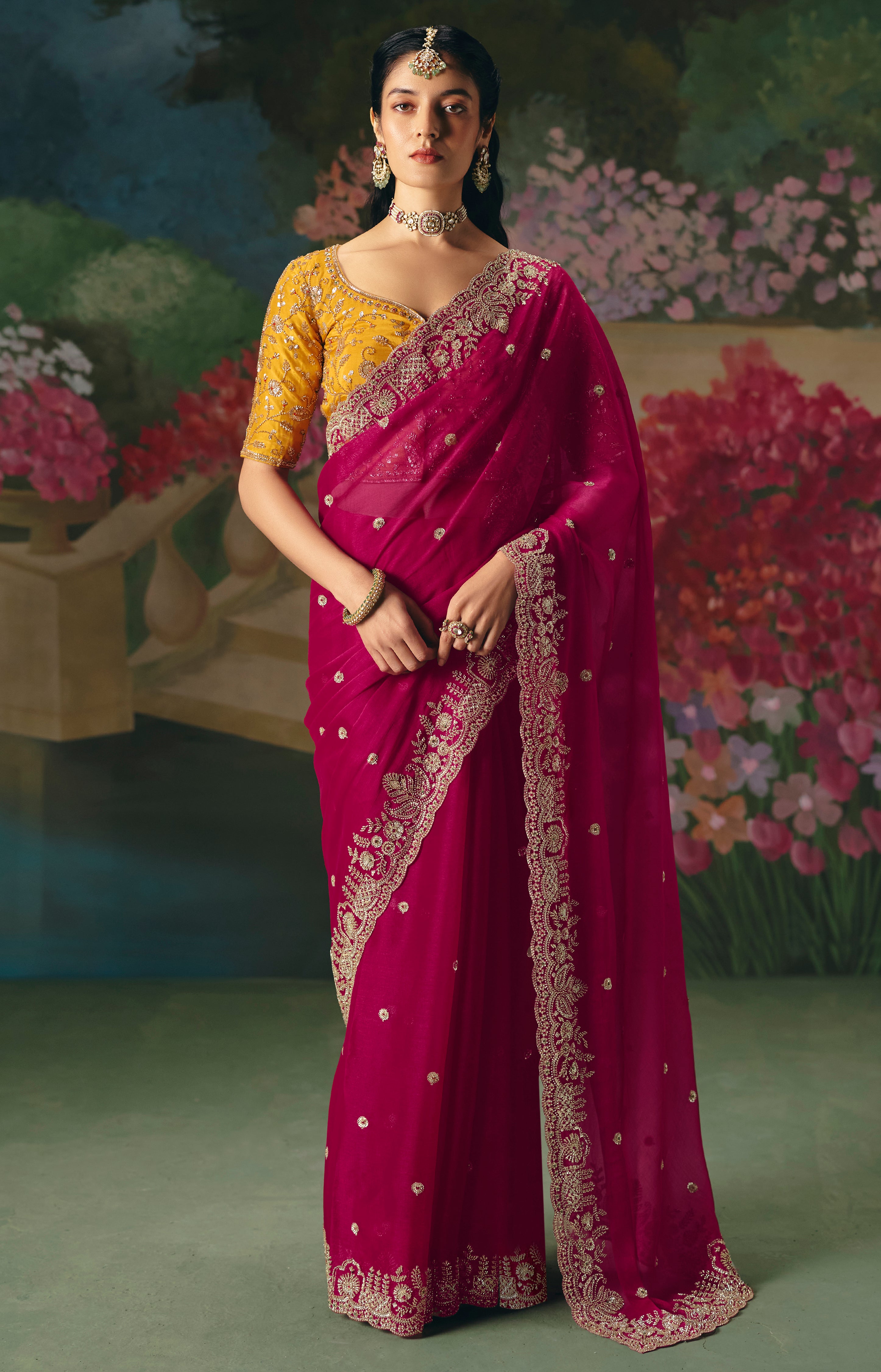 Rani Pink Saree With  Heavy Designer Embroidery, Sequince, Stone, With Beads Work