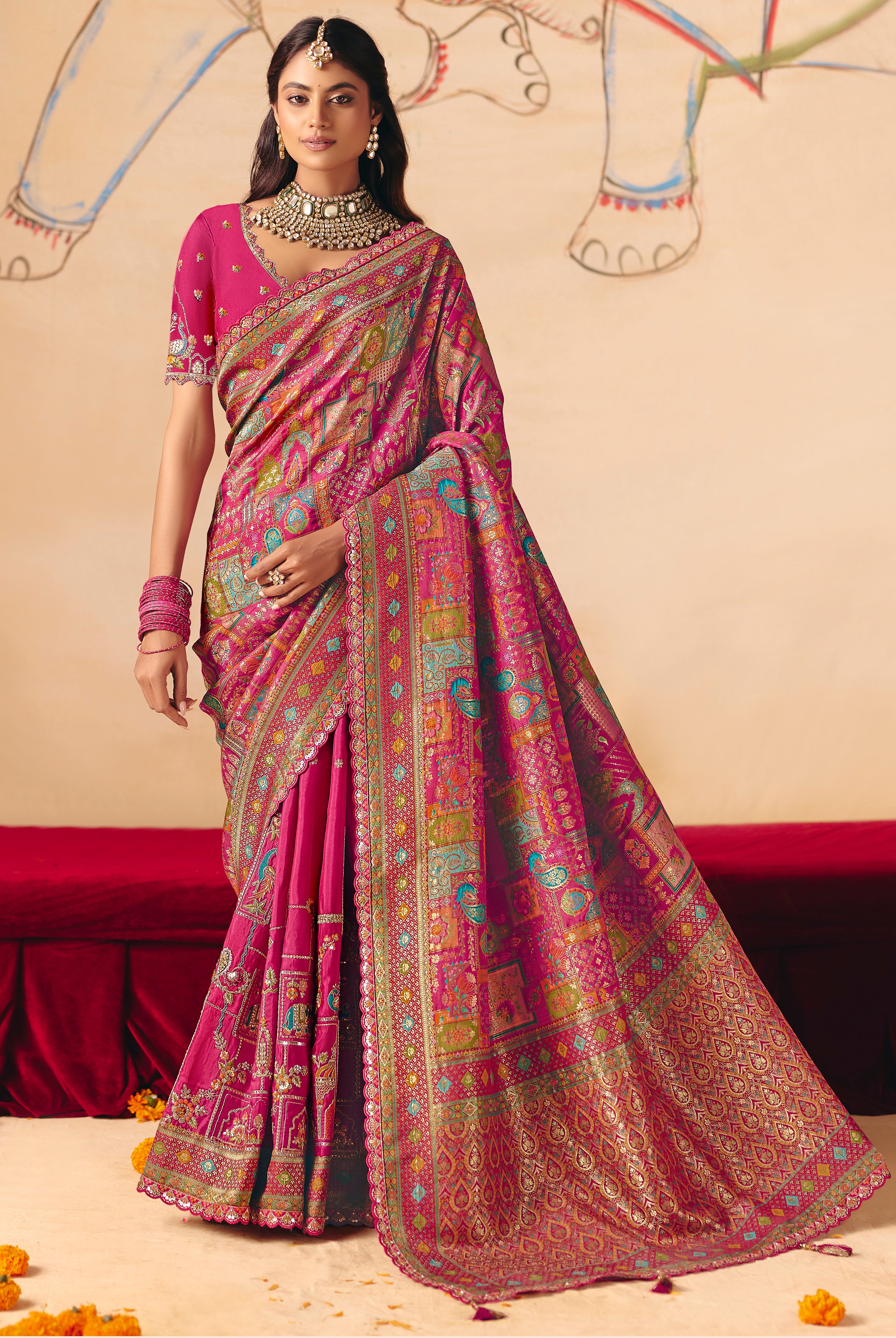 Rani Pink Saree With  Heavy Embroidery, Sequin, Thread, and Stone Work On Patli & Cutwork Lace With Heavy Work Blouse