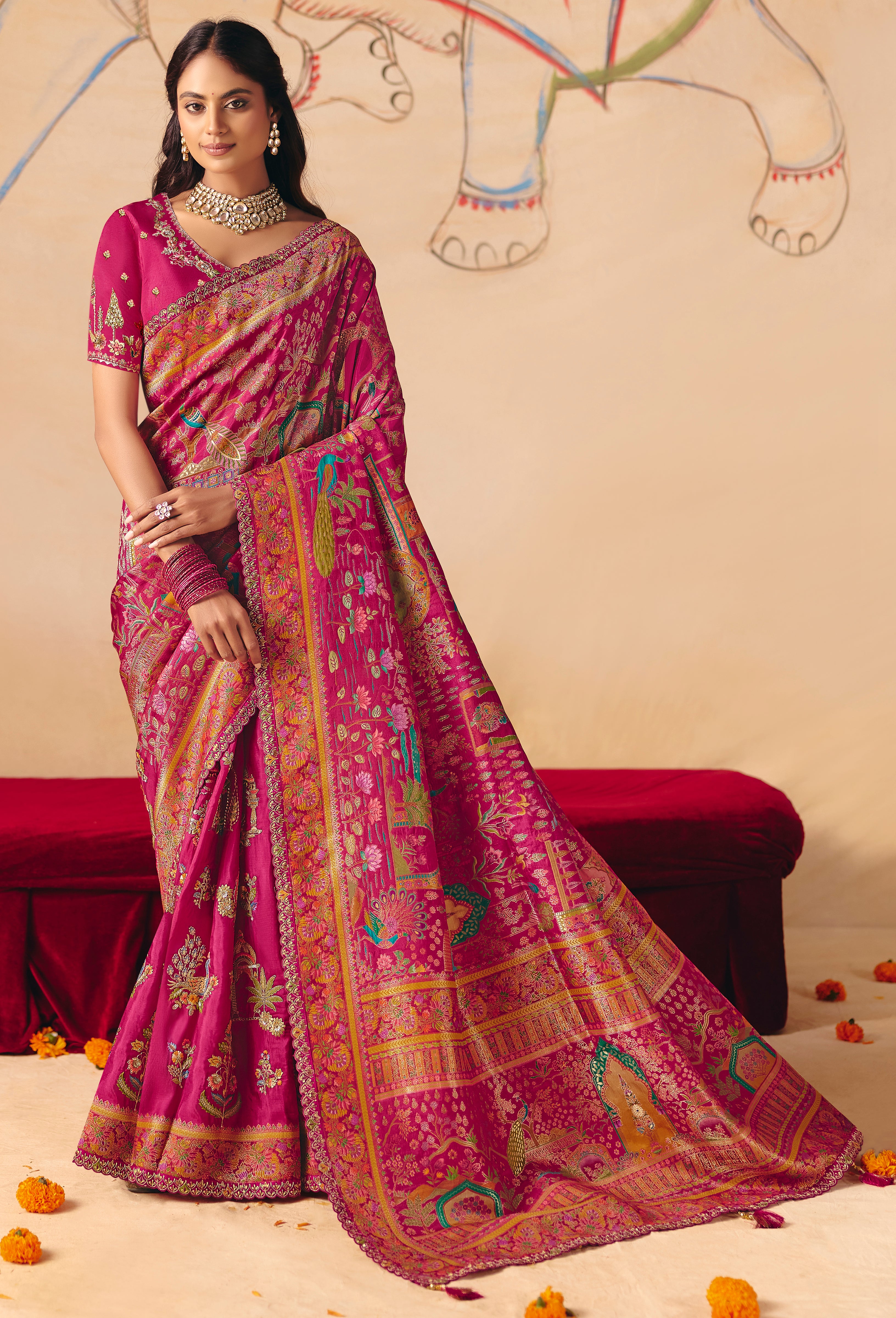 Rani Pink Saree With  Heavy Embroidery, Sequin, Thread, and Stone Work On Patli & Cutwork Lace With Heavy Work Blouse