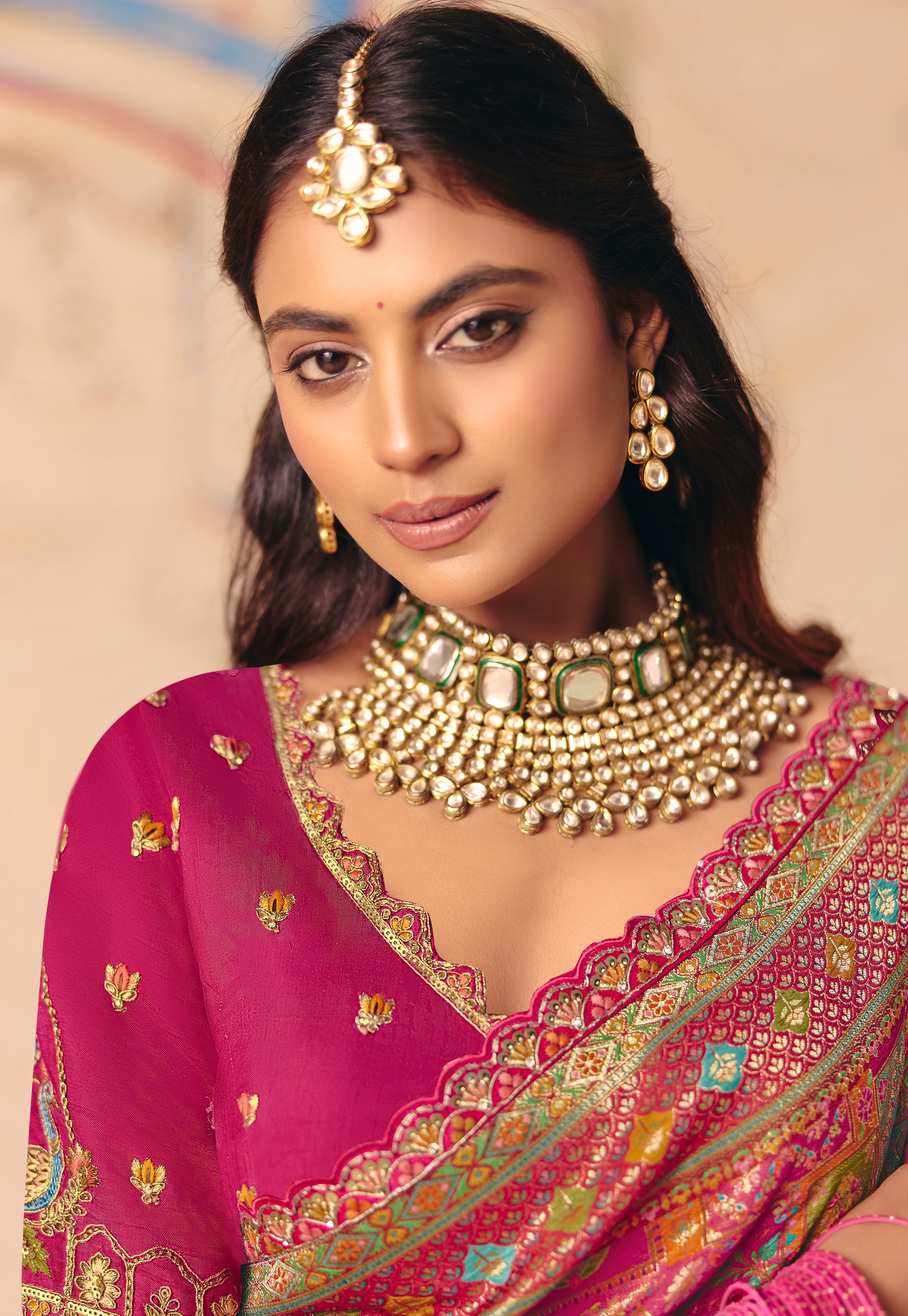 Rani Pink Saree With  Heavy Embroidery, Sequin, Thread, and Stone Work On Patli & Cutwork Lace With Heavy Work Blouse
