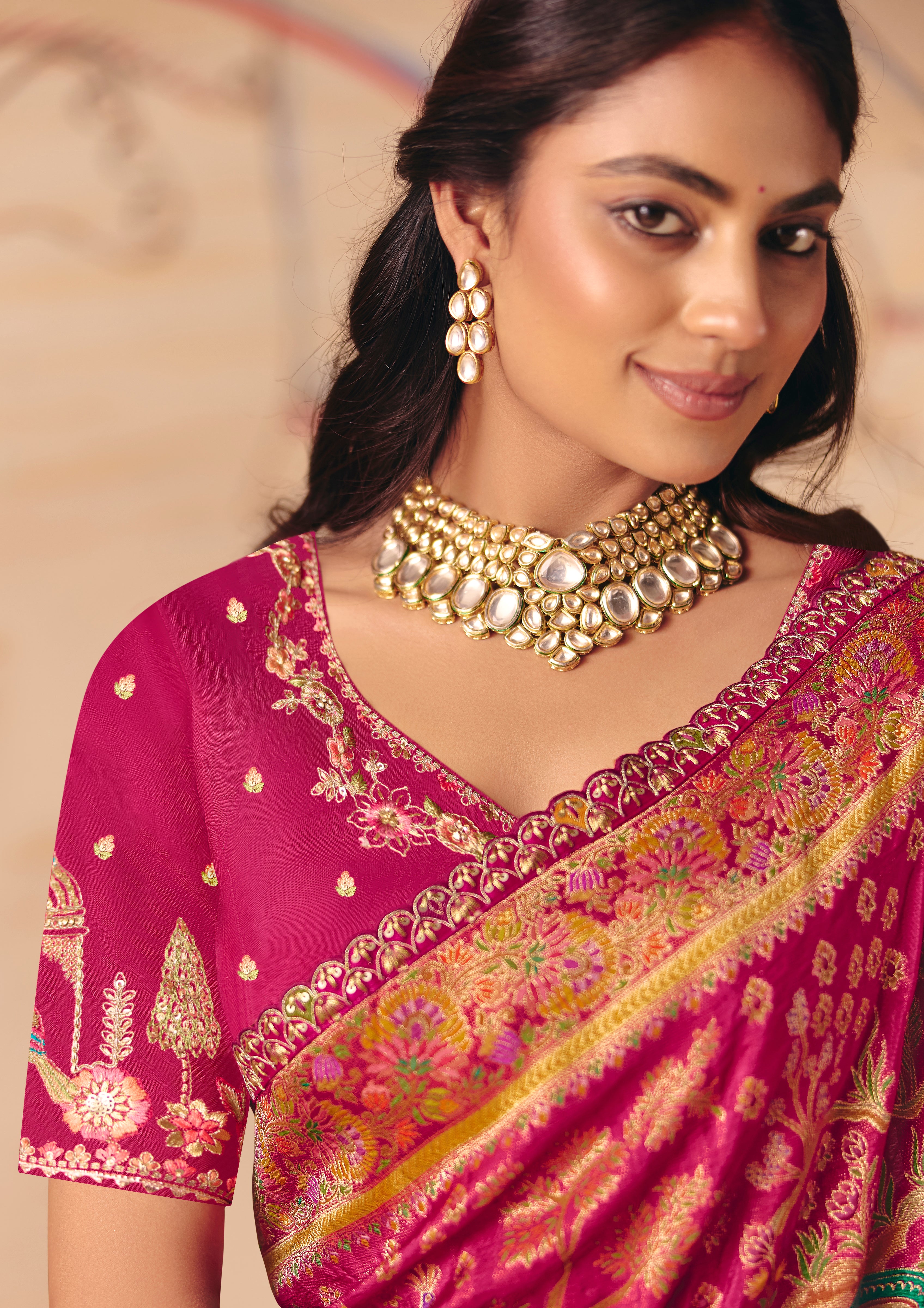 Rani Pink Saree With  Heavy Embroidery, Sequin, Thread, and Stone Work On Patli & Cutwork Lace With Heavy Work Blouse