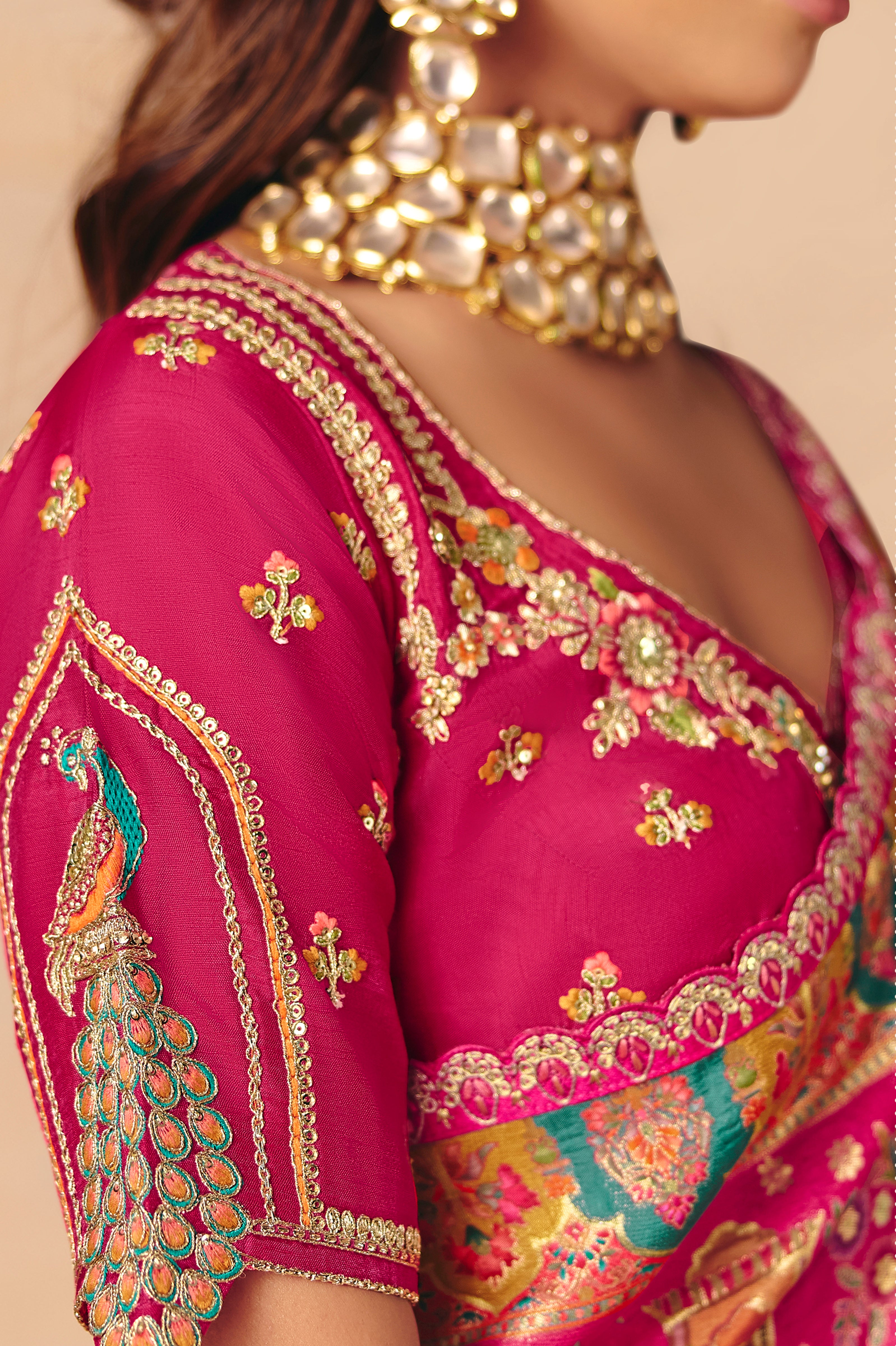 Rani Pink Saree With  Heavy Embroidery, Sequin, Thread, and Stone Work On Patli & Cutwork Lace With Heavy Work Blouse