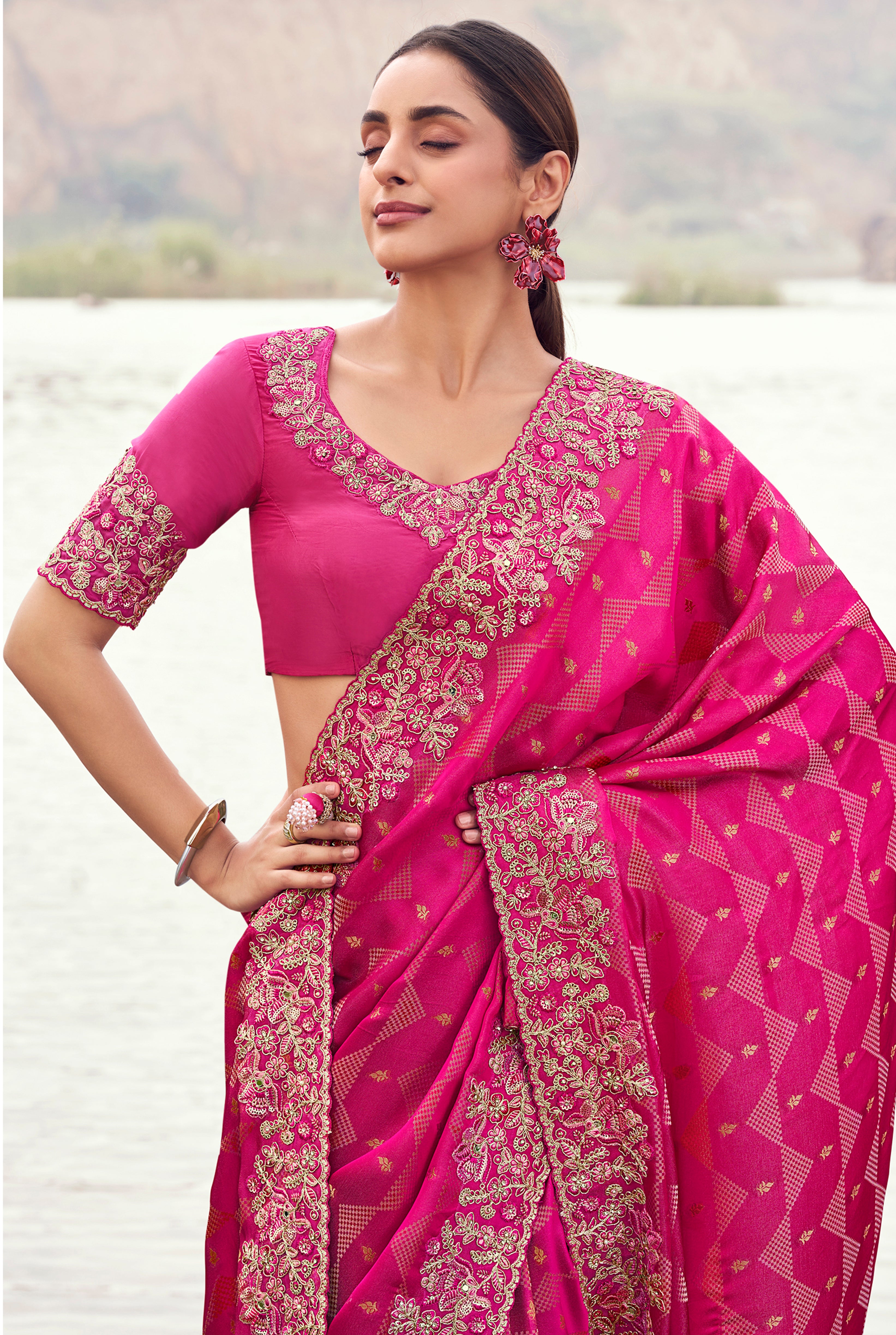 Rani Pink Saree With  Jacquard Woven With Embroidered Border & Blouse