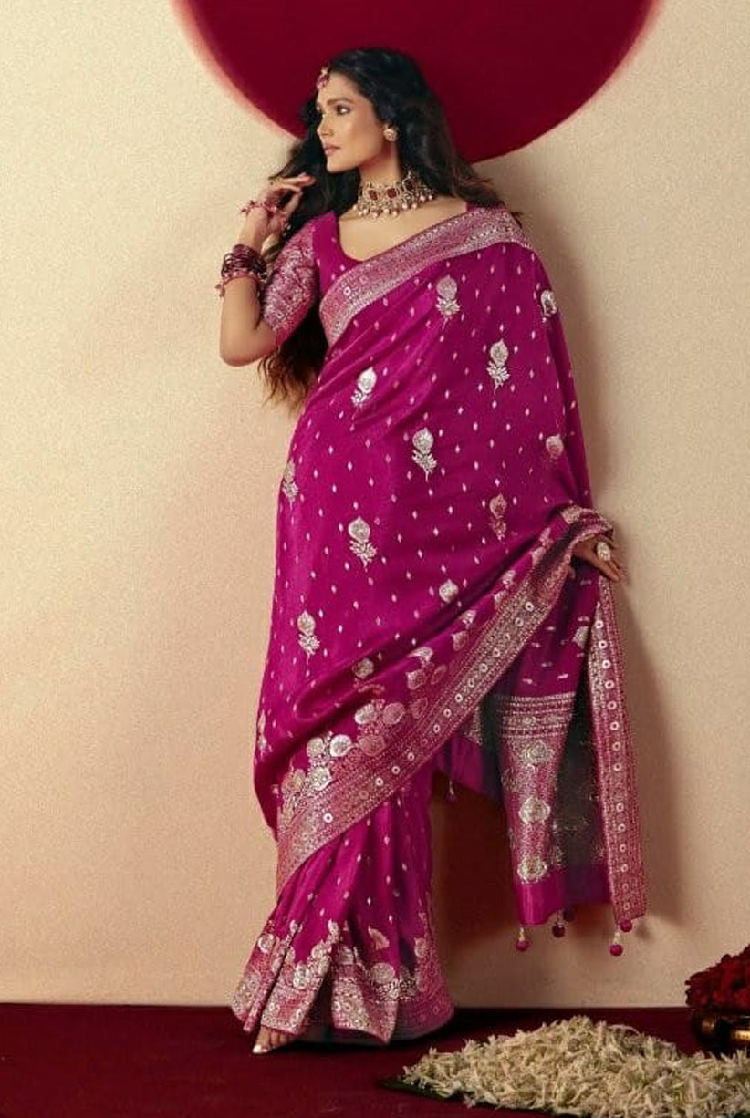 Rani Pink Saree With  Jacquard Woven Work