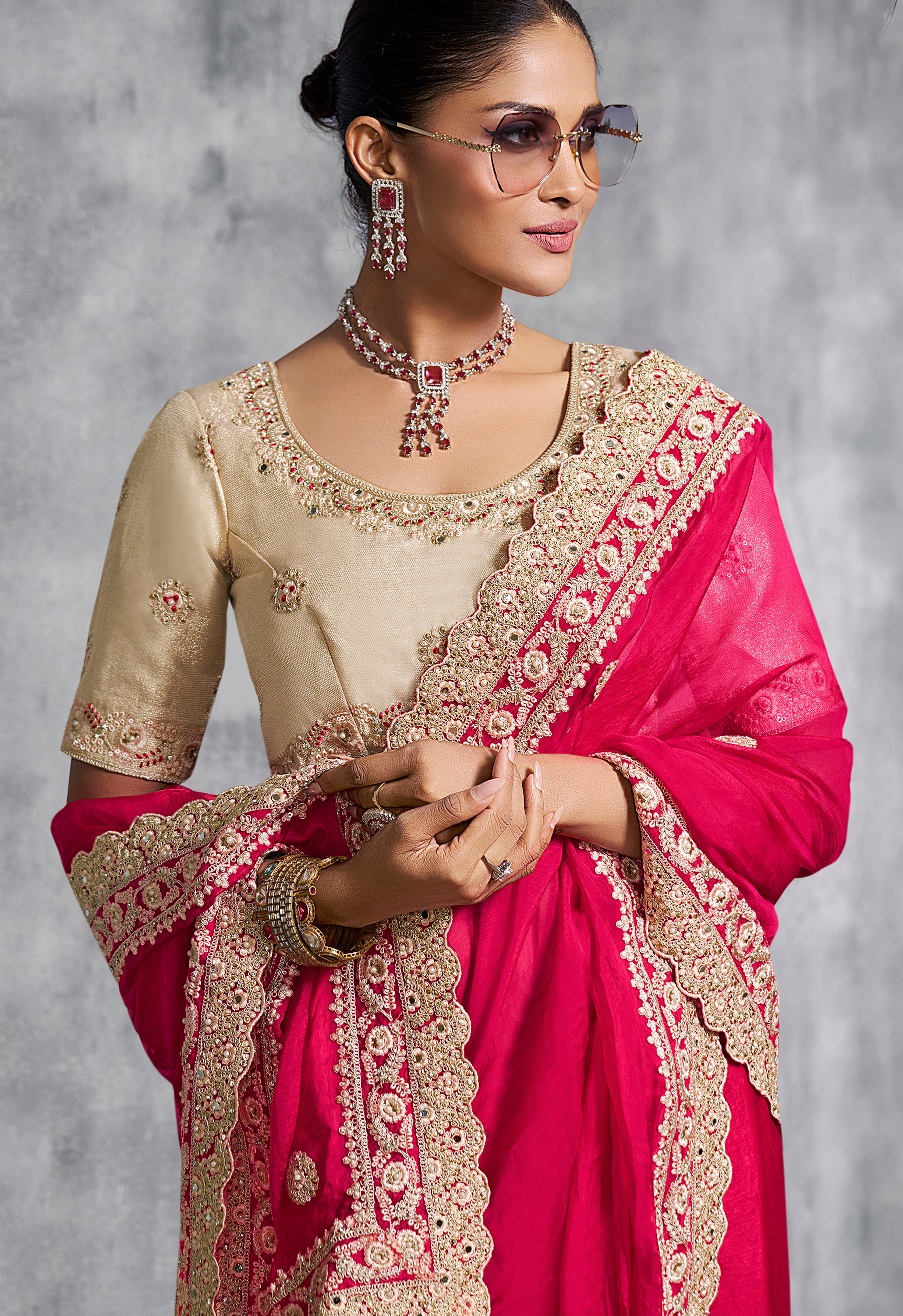Rani Pink Saree With  Thread Embroidery Work ,Hand-Finished Stone & Mirror work With Embroidery Blouse