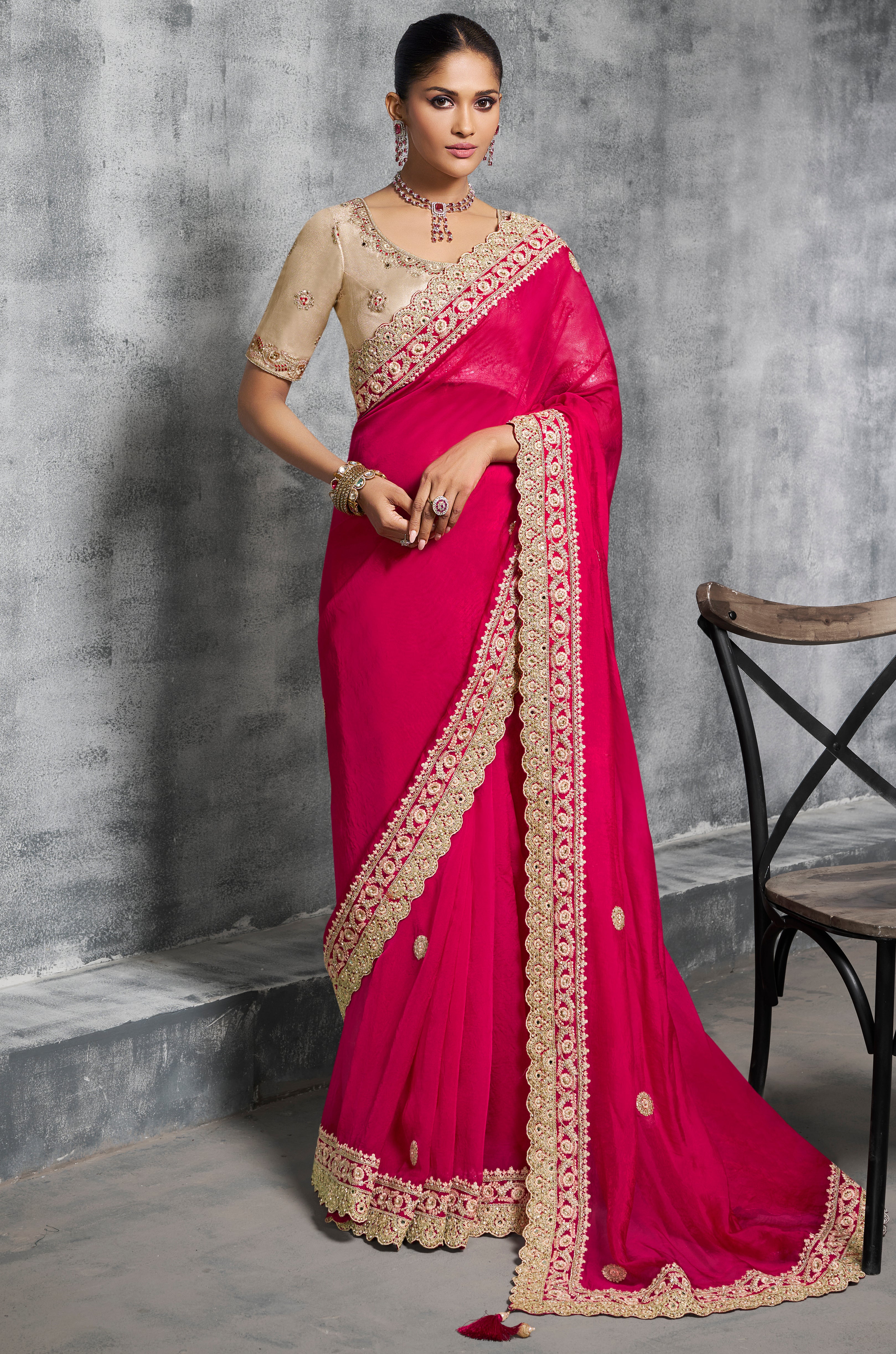 Rani Pink Saree With  Thread Embroidery Work ,Hand-Finished Stone & Mirror work With Embroidery Blouse