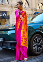 Rani Pink  Satin Crepe Saree With  Digital Print