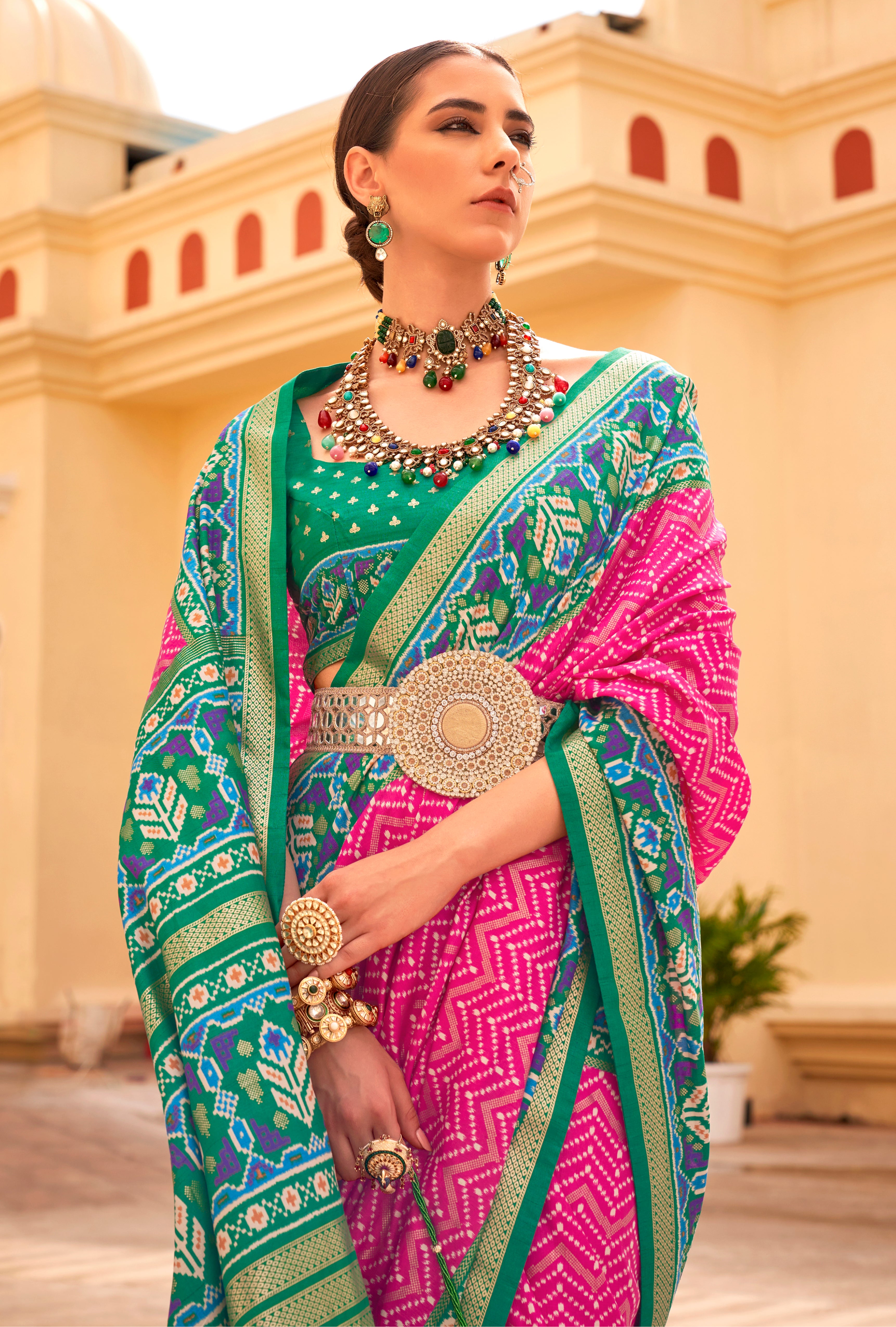 Rani Pink Silk Saree With  Digital Patola Print