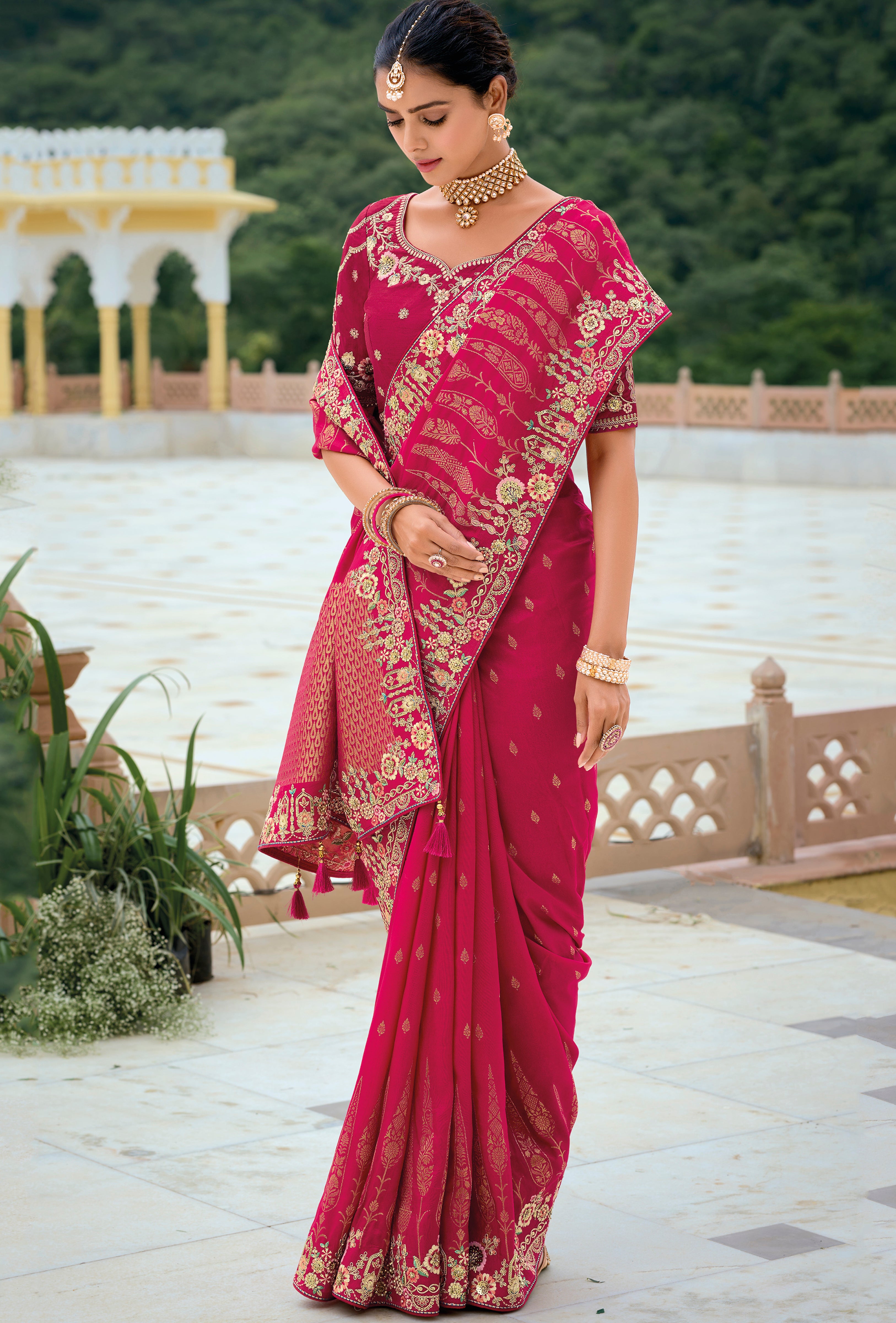 Rani Pink Silk Saree With  Jacquard Woven and Embroidery Work