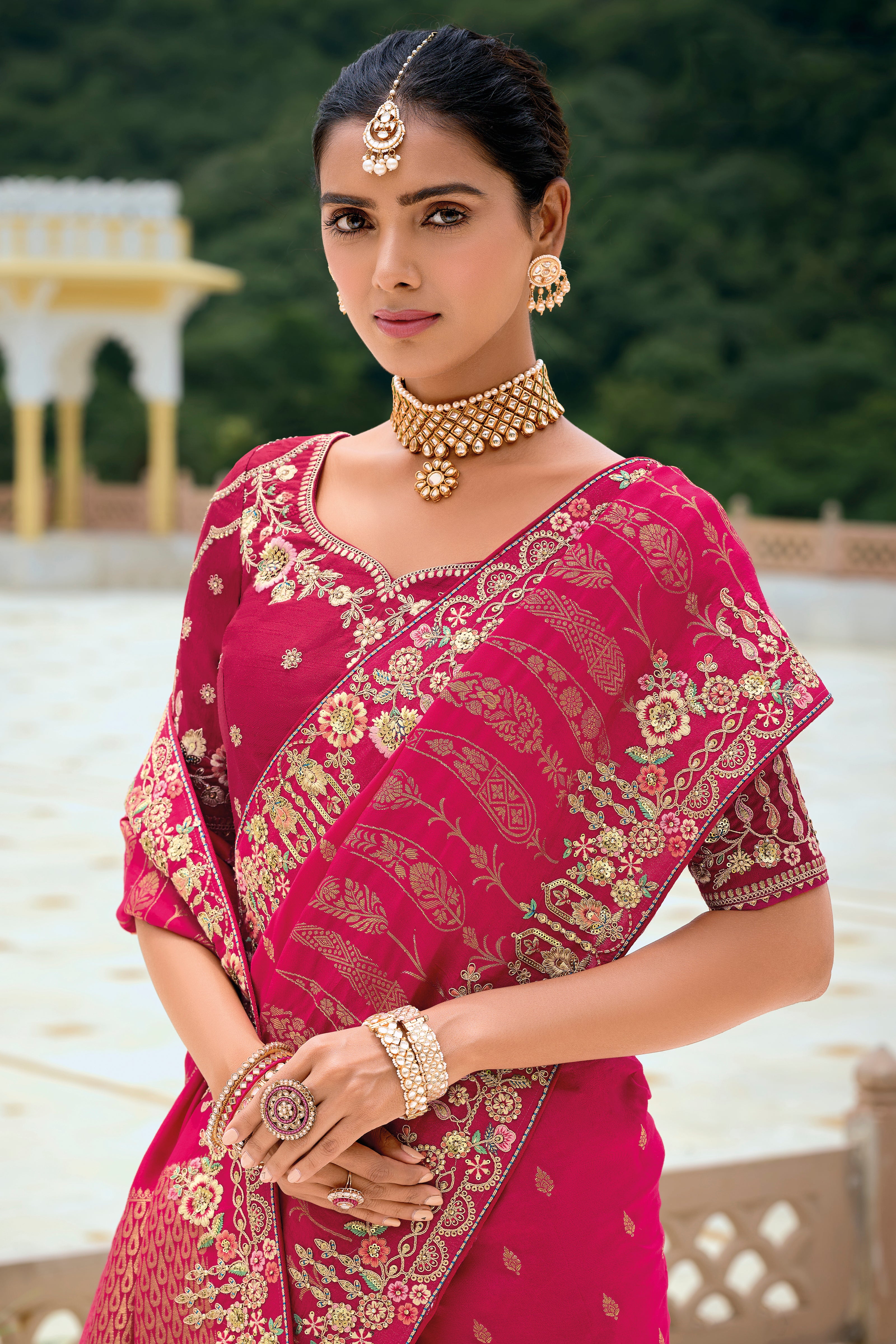 Rani Pink Silk Saree With  Jacquard Woven and Embroidery Work
