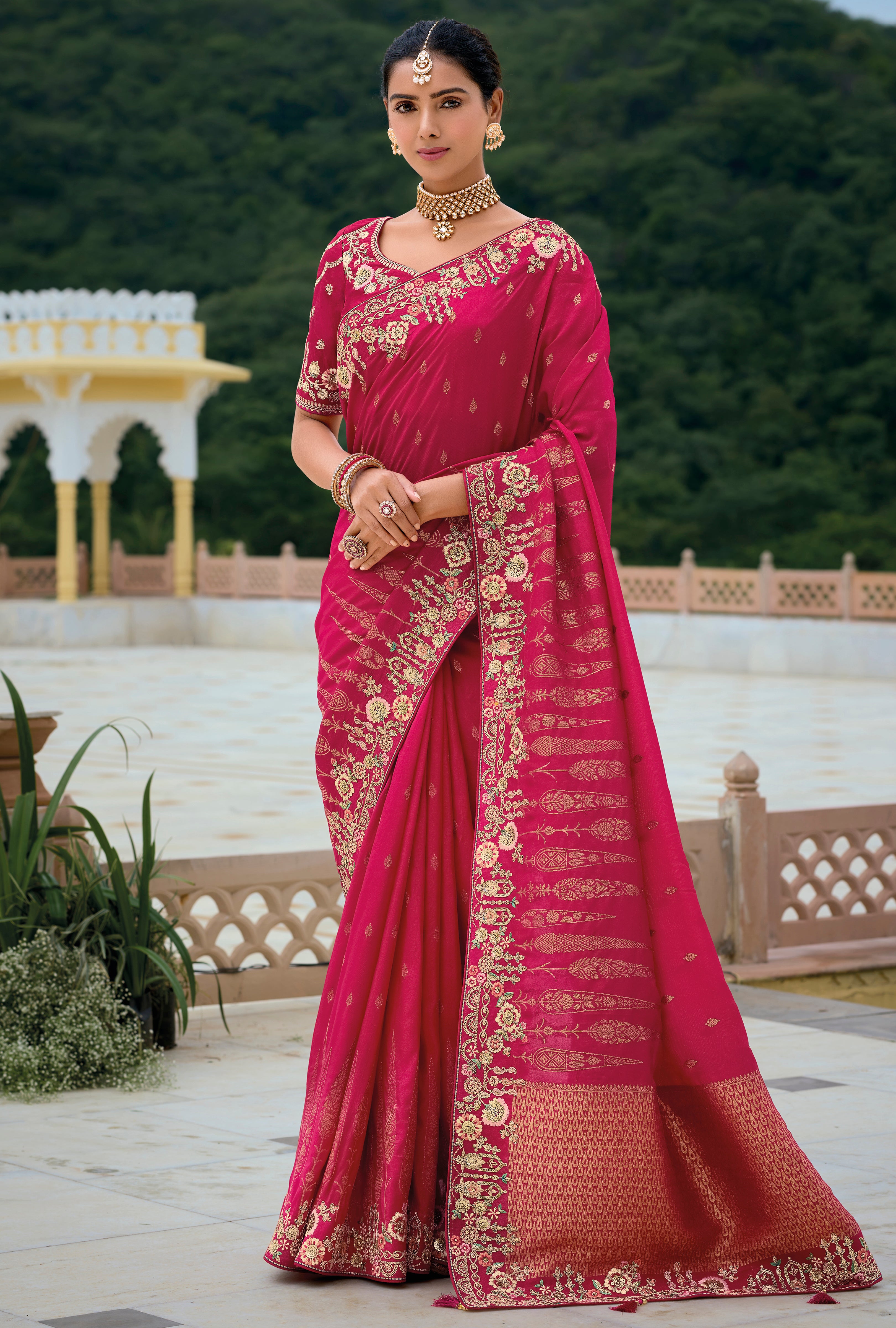 Rani Pink Silk Saree With  Jacquard Woven and Embroidery Work