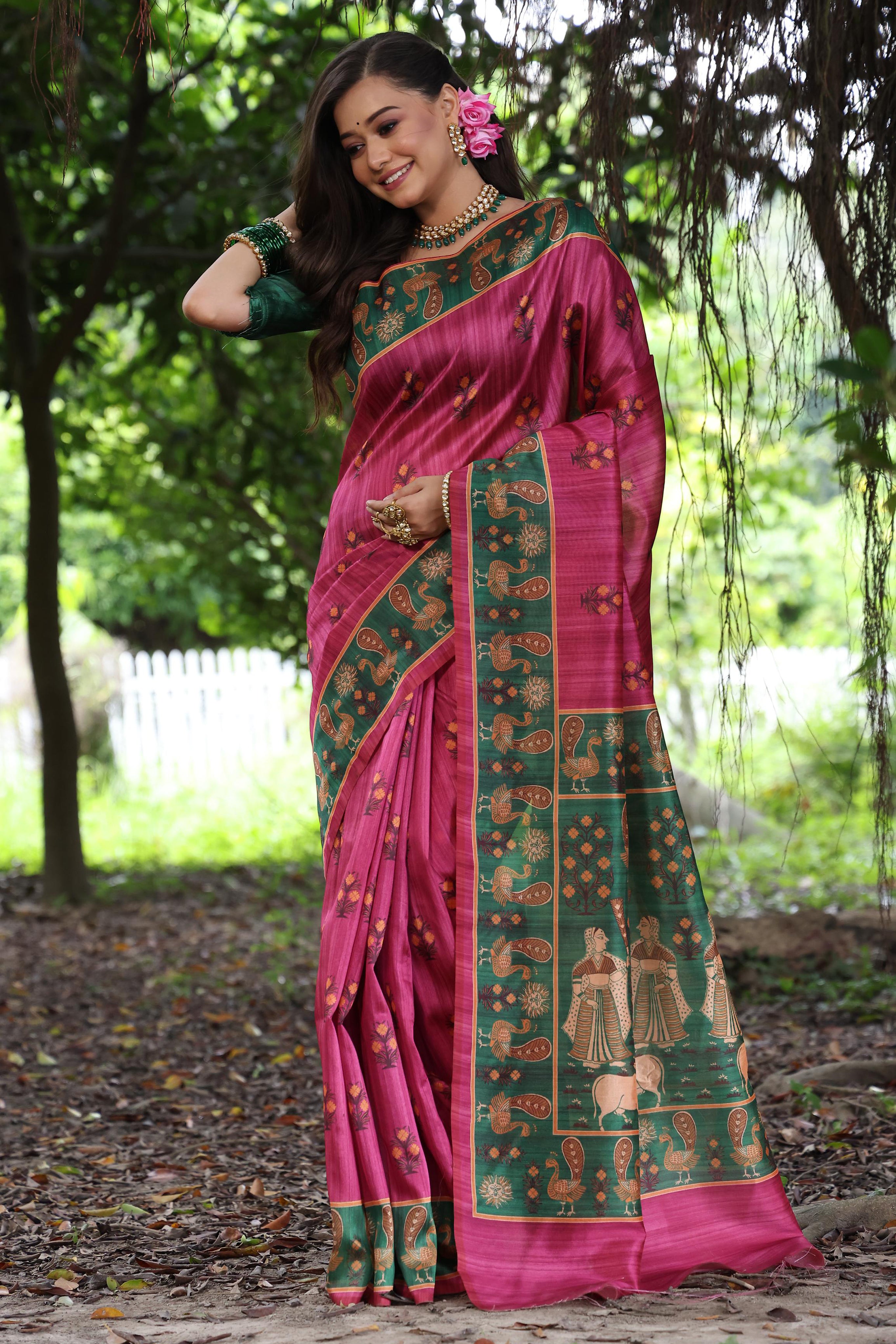 Rani Pink Tussar Silk Saree with Rich Printed Elegance