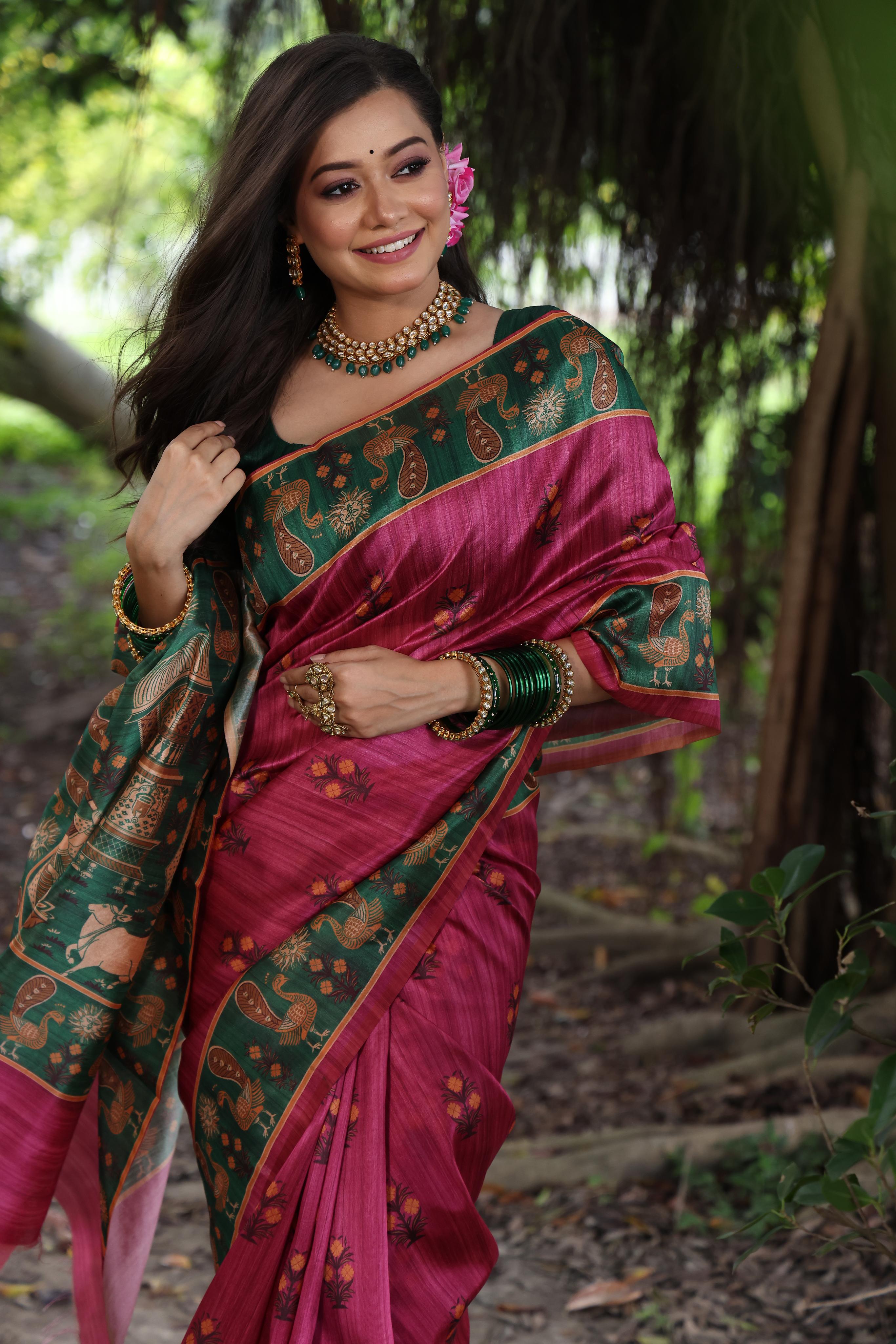 Rani Pink Tussar Silk Saree with Rich Printed Elegance
