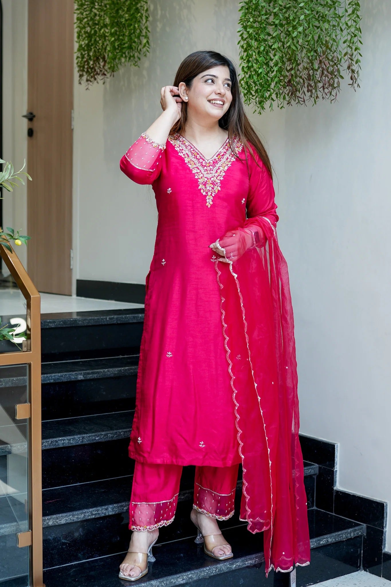 Rani Pink Viscose Chanderi Kurta Pant Set With Heavy Thread Embroidered Work