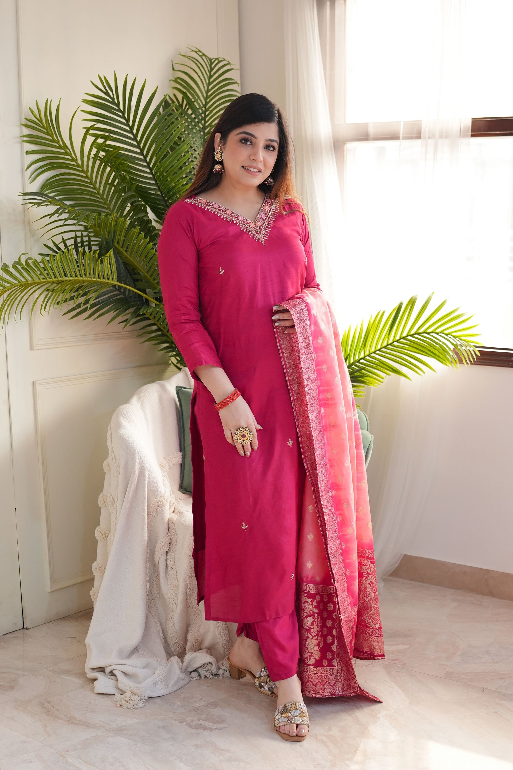 Rani Pink Viscose Chanderi Kurta Pant Set With Heavy Thread Embroidery Work With Jacquard Dupatta