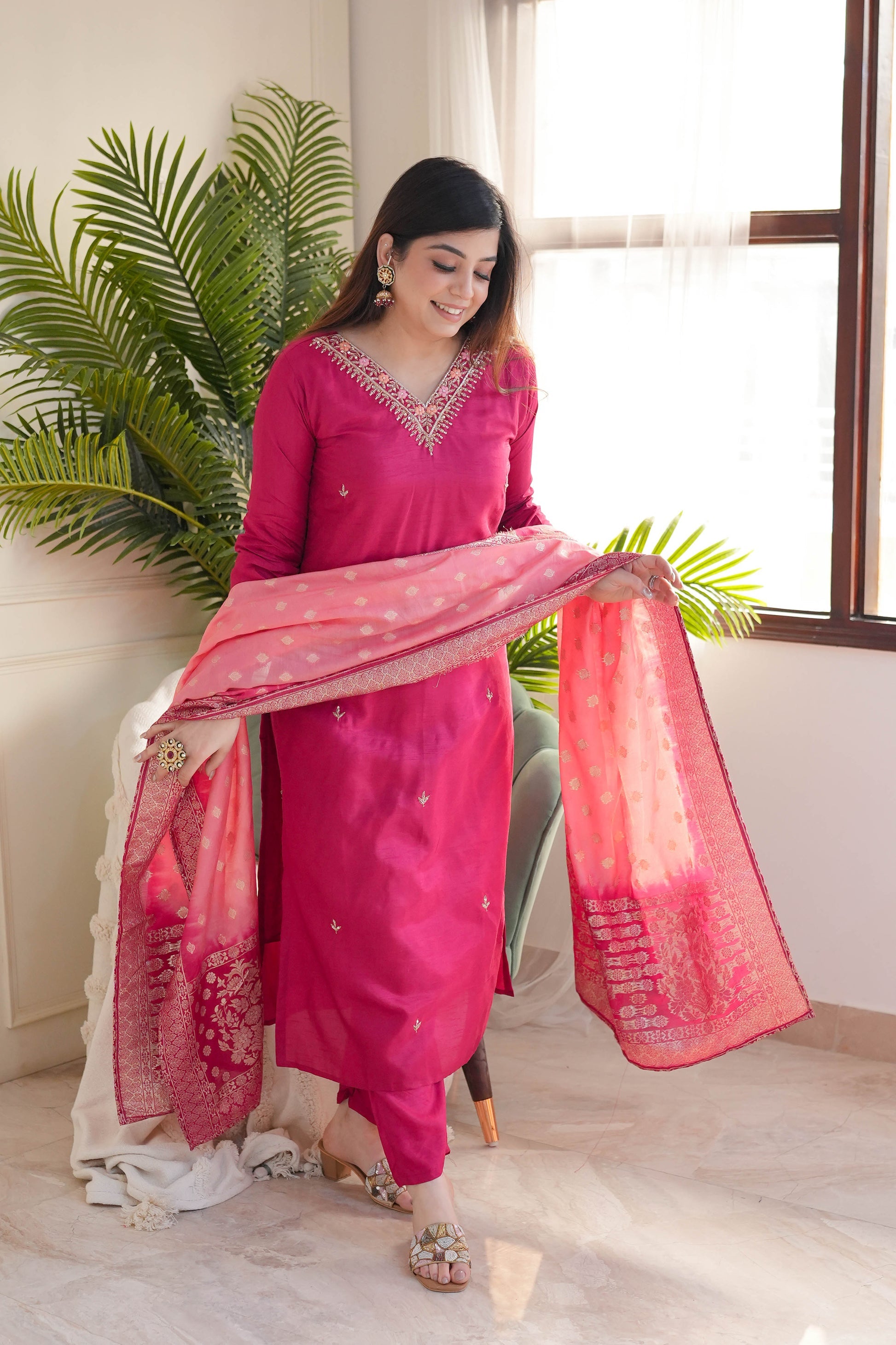 Rani Pink Viscose Chanderi Kurta Pant Set With Heavy Thread Embroidery Work With Jacquard Dupatta