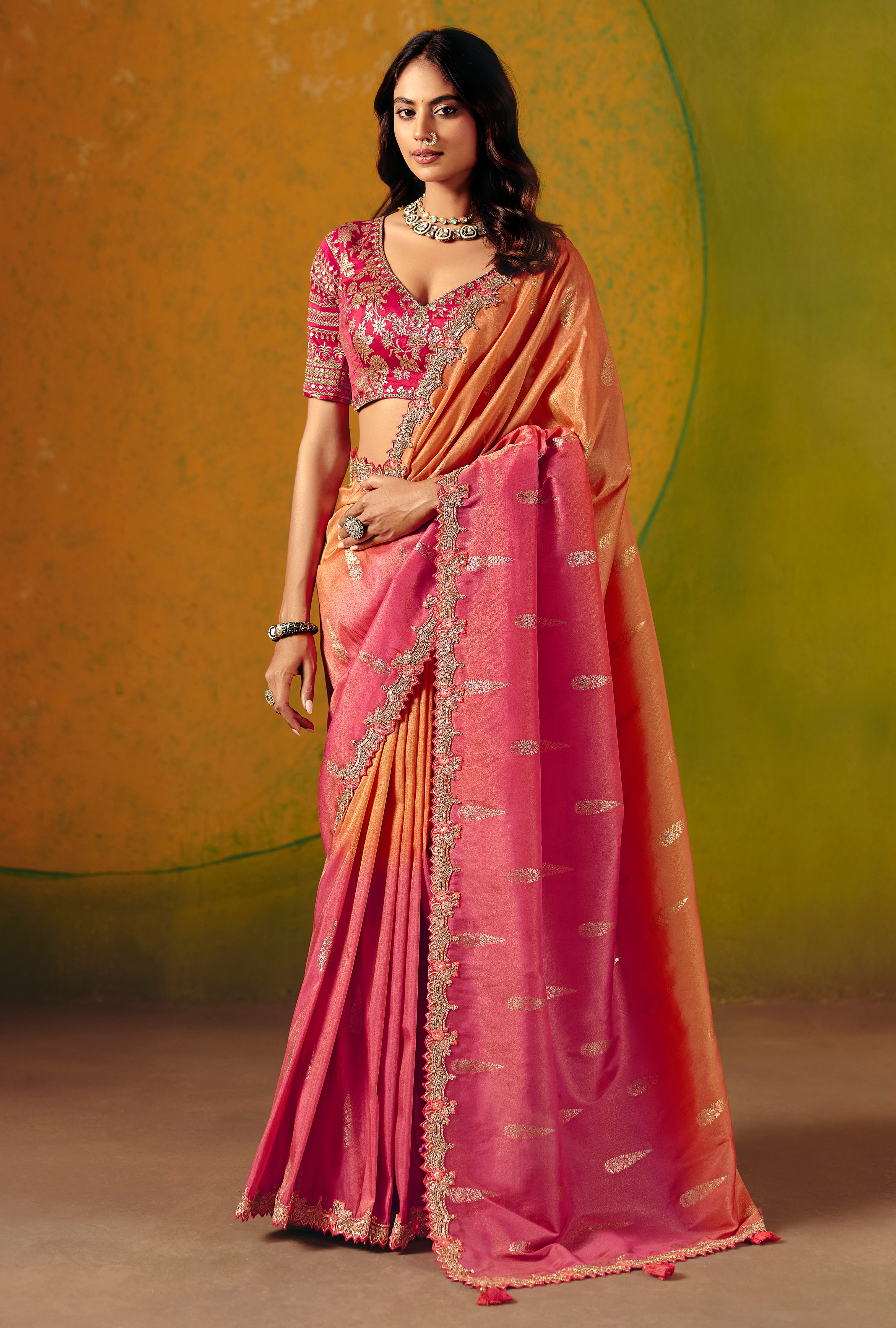 Rani Pink & Orange Saree With  Zari Weaving With Fancy Work Border