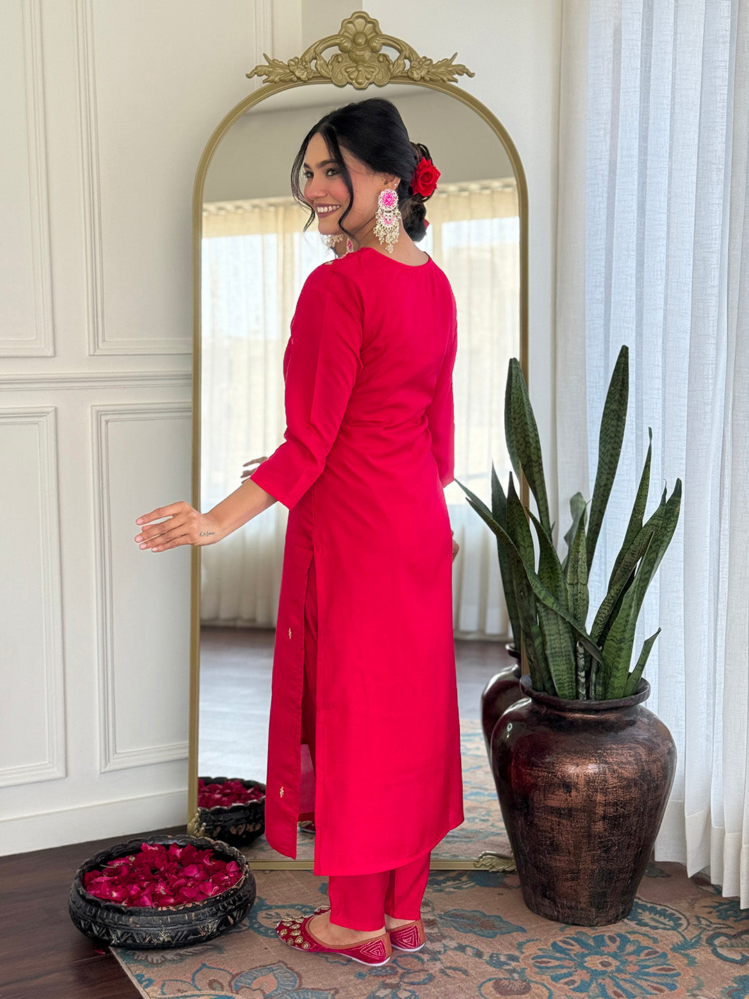 Rani Roman Silk Elegant Kurta Pant Set With Embroidery Work