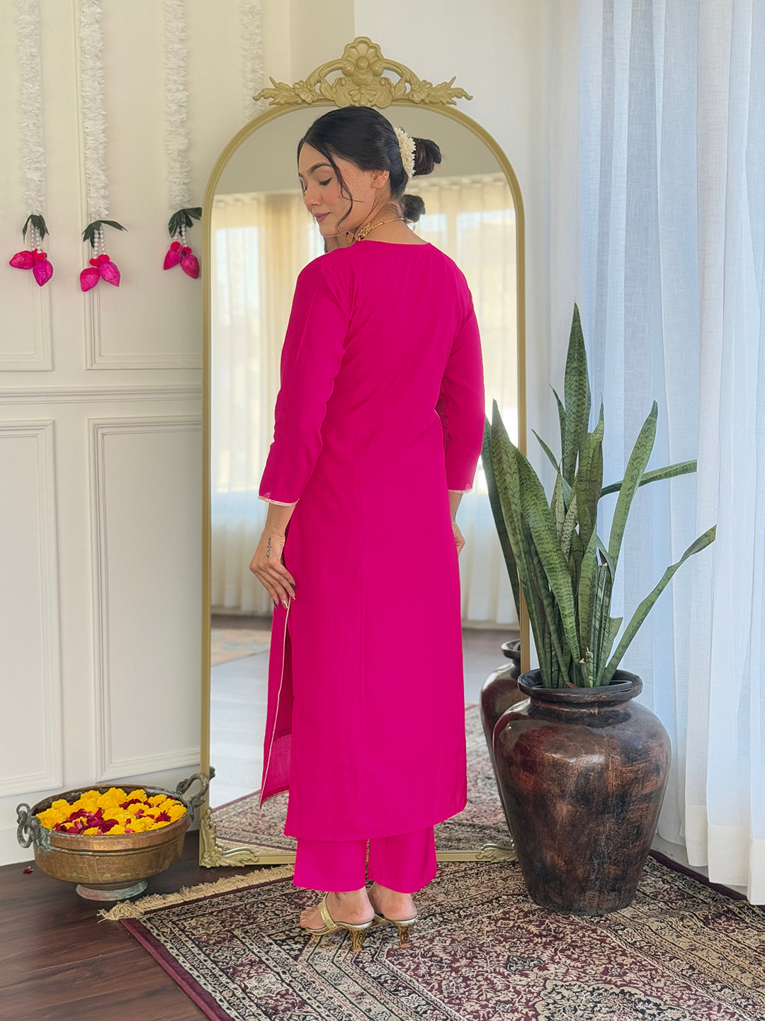 Rani Viscose Elegant Kurta Pant Set With Embroidery Work
