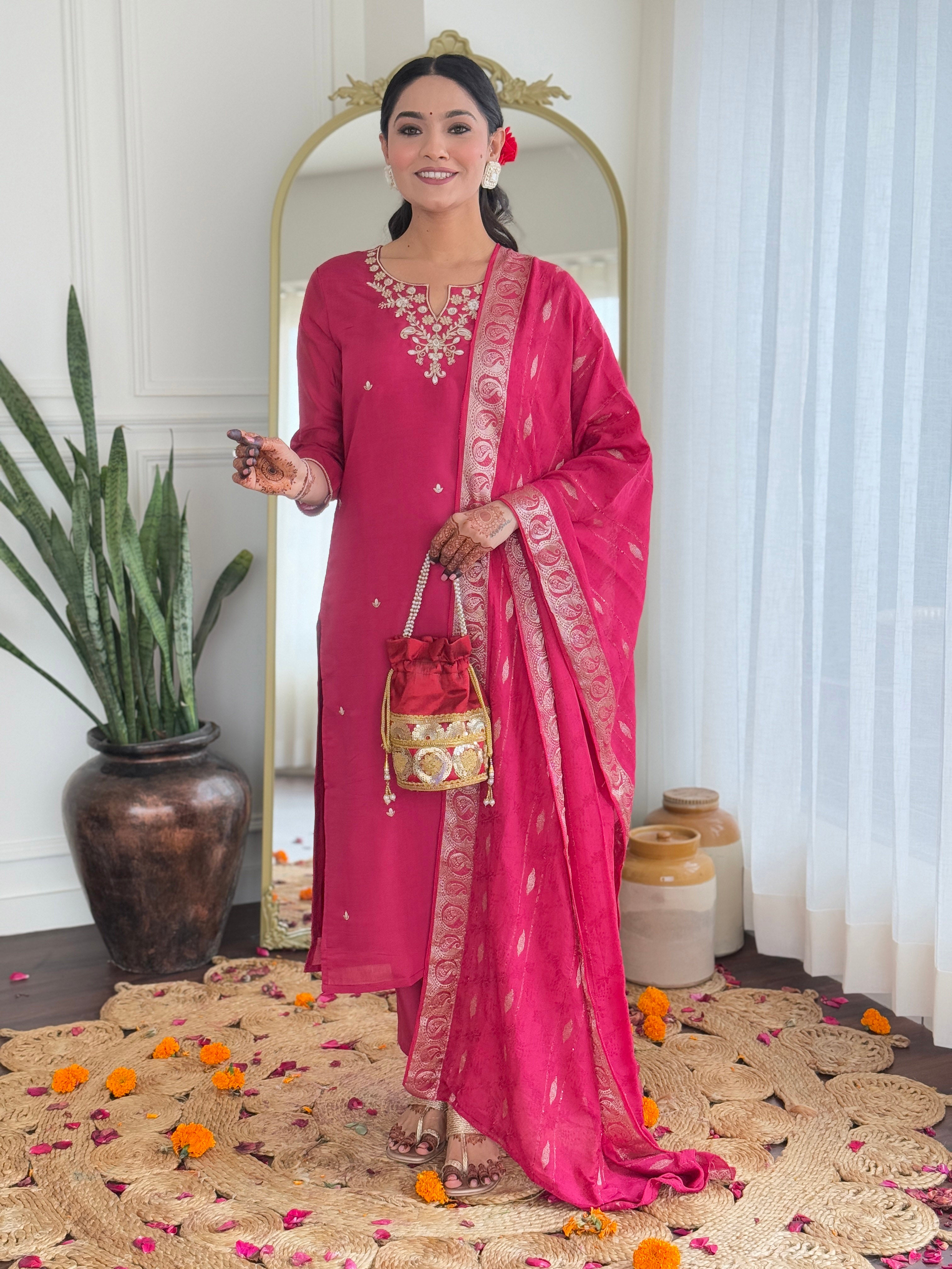 Rani Viscose Silk Elegant Kurta Pant Set With Embroidery Work