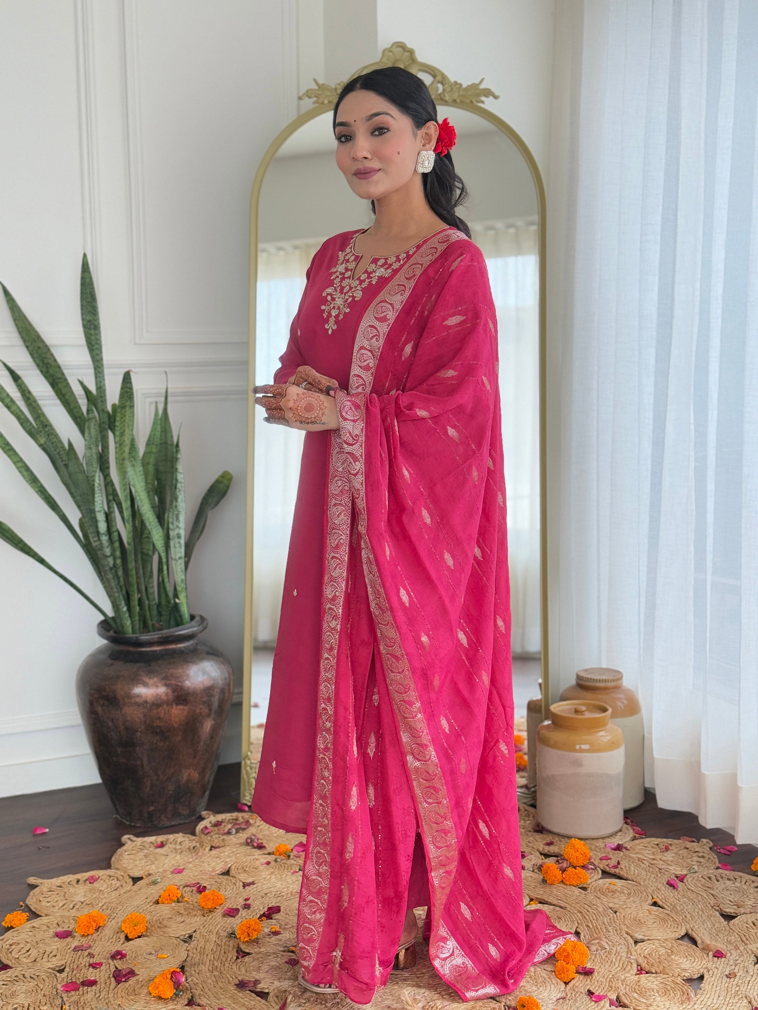 Rani Viscose Silk Elegant Kurta Pant Set With Embroidery Work