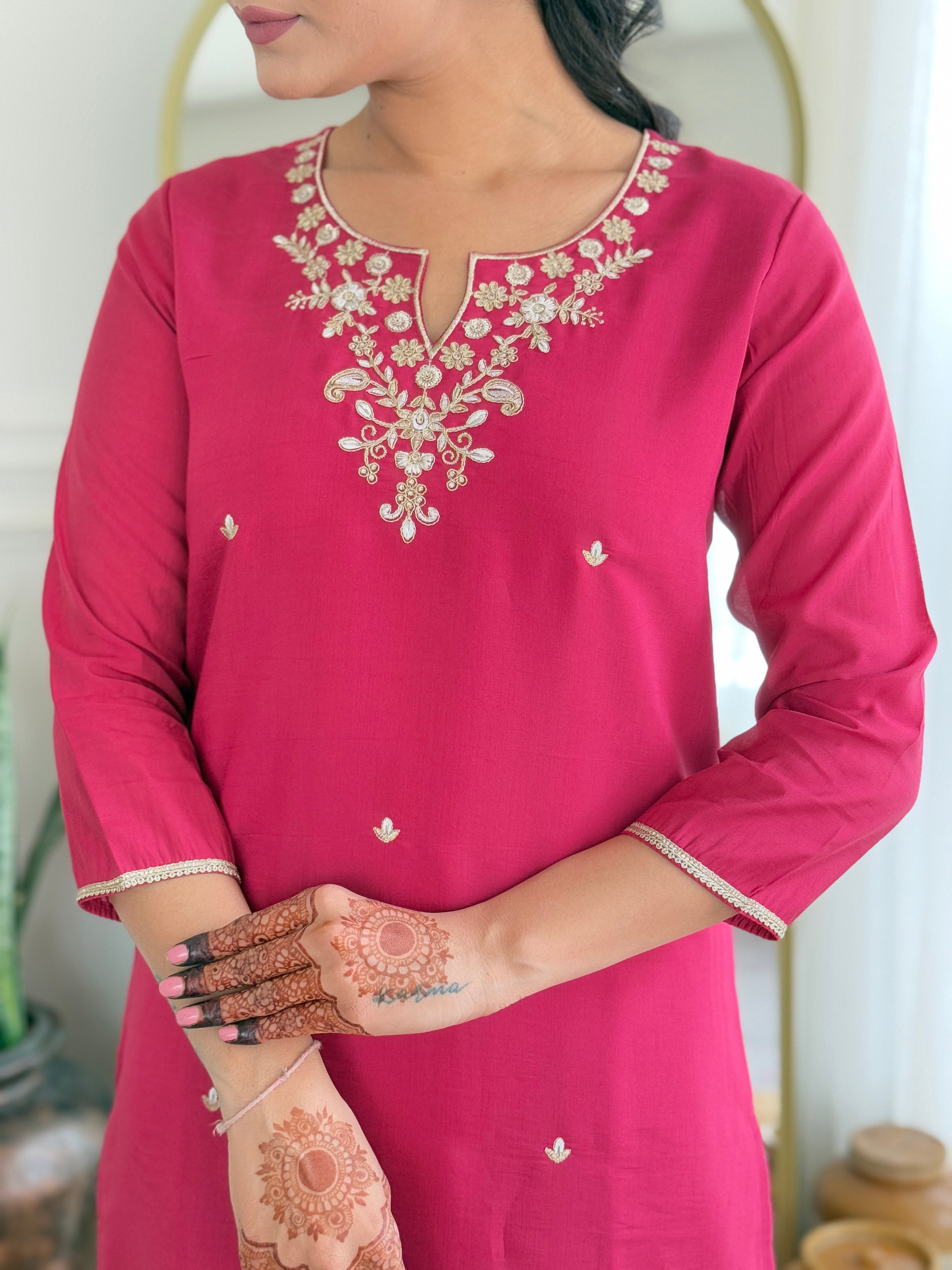 Rani Viscose Silk Elegant Kurta Pant Set With Embroidery Work