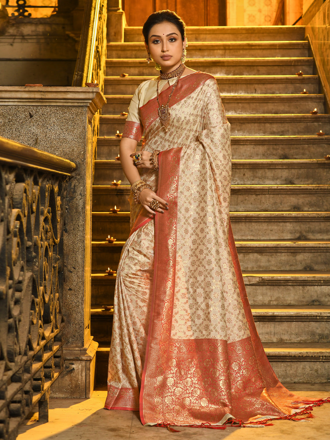 Red Banarasi Silk Saree With Woven Jacquard Designer Ceremonial Saree