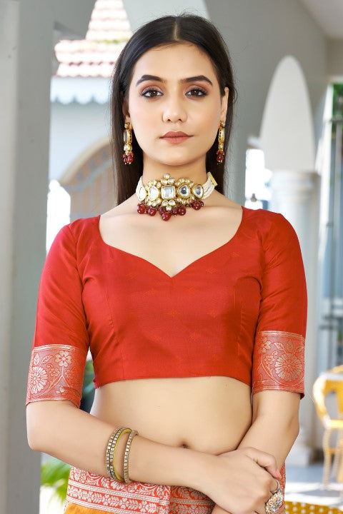 Red Banarasi Silk Saree with Leriya Zari and Contrast Pallu