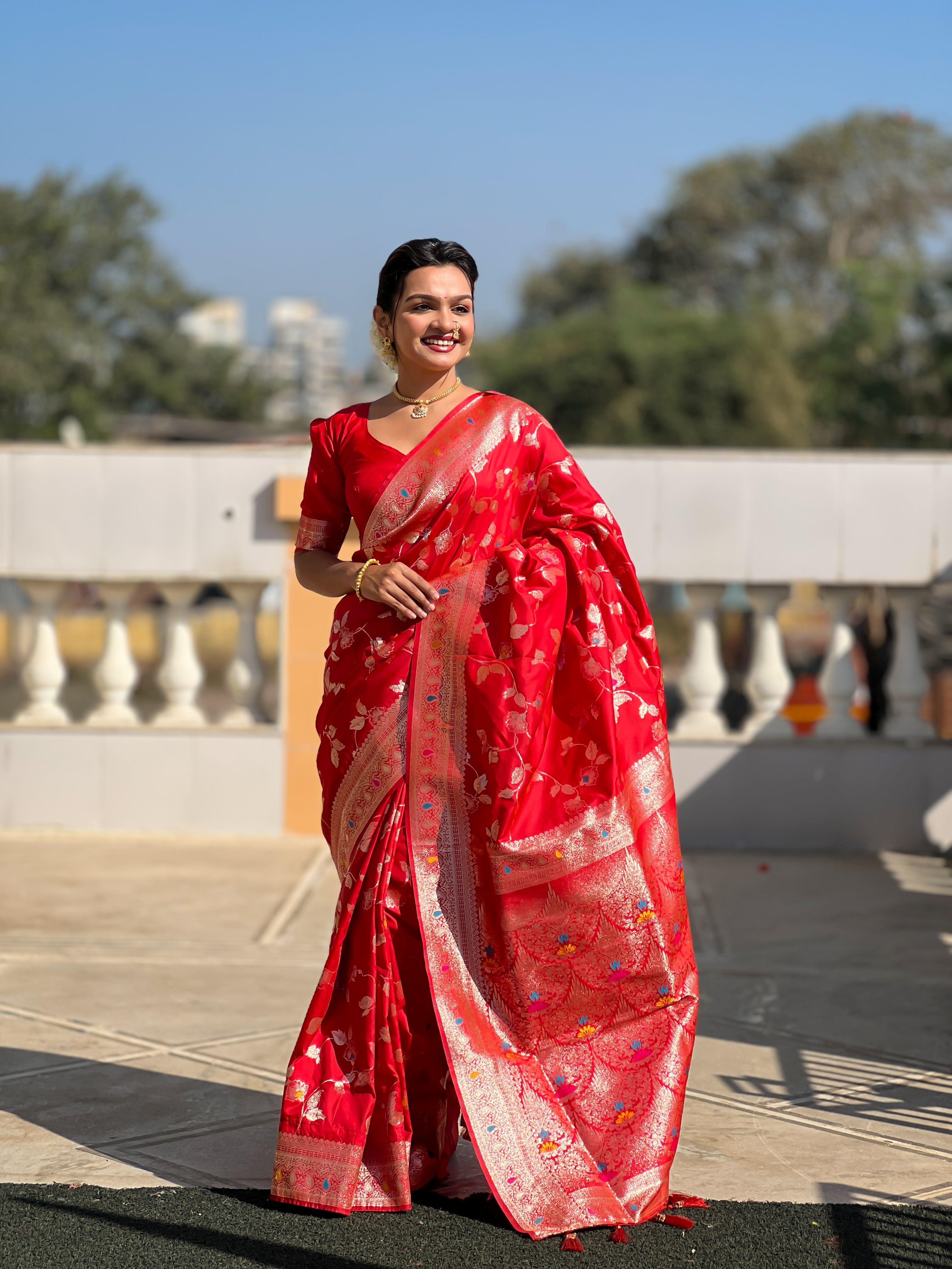 Red Banarasi Silk Woven Jacquard Designer Ceremonial Partywear Saree