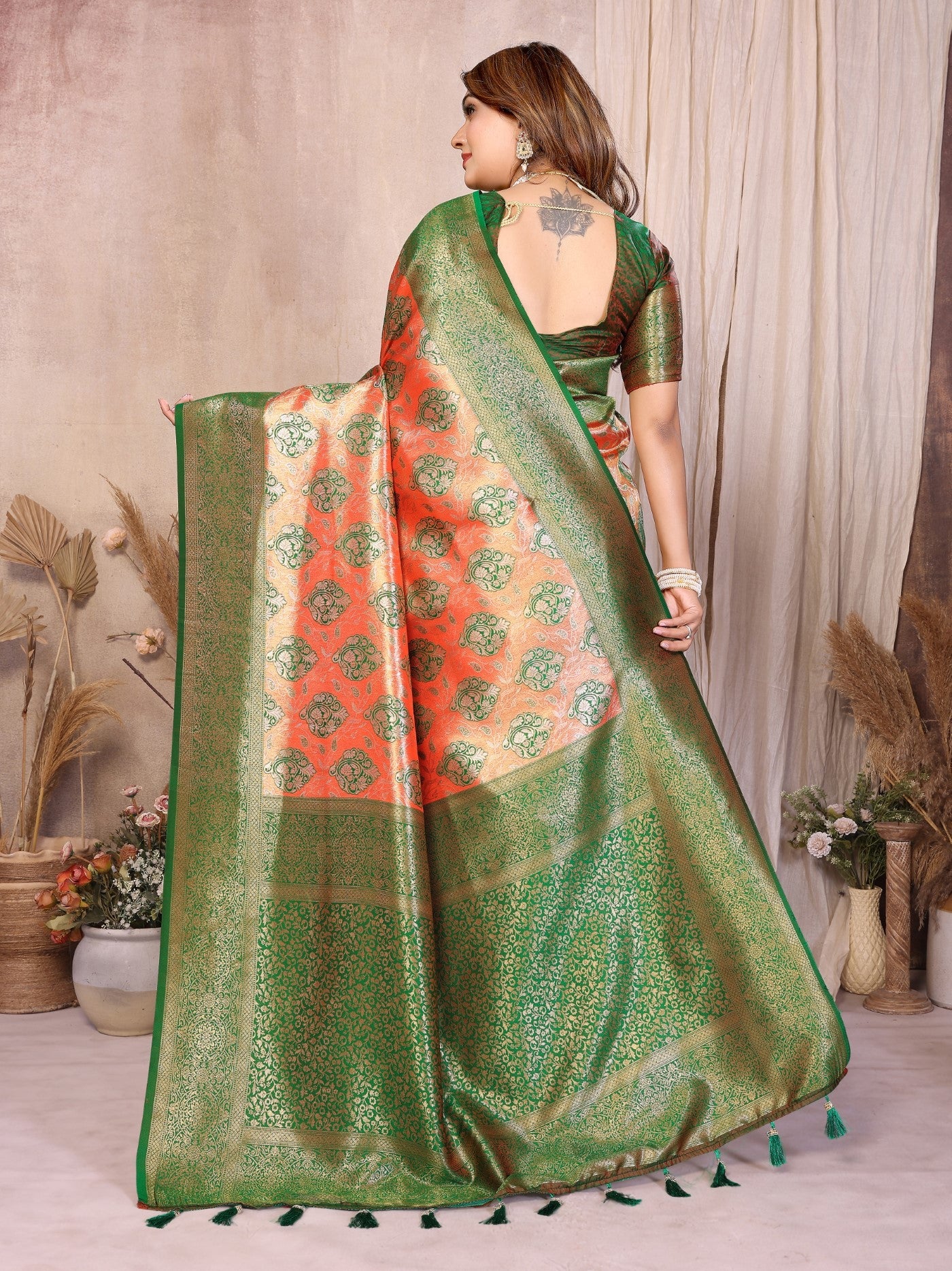 Red Banarasi Tissue Silk Saree With Traditional Weaving