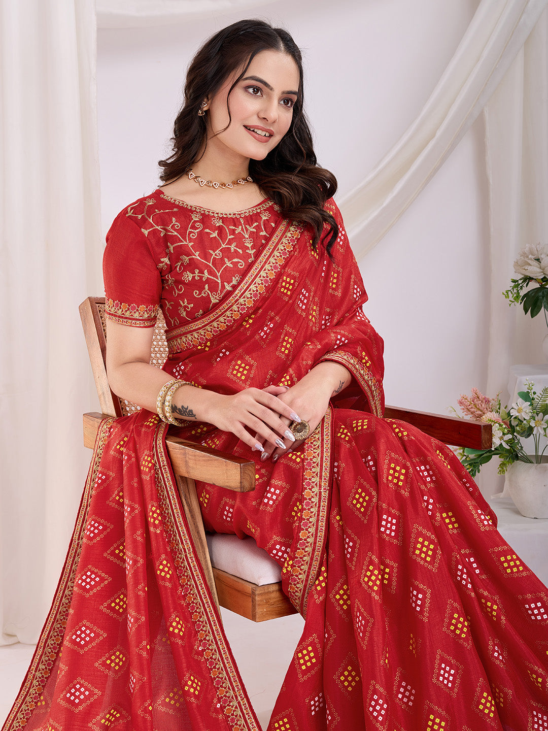 Red Beautiful Bandhej Printed With Embroidery Work Vichitra Silk Saree