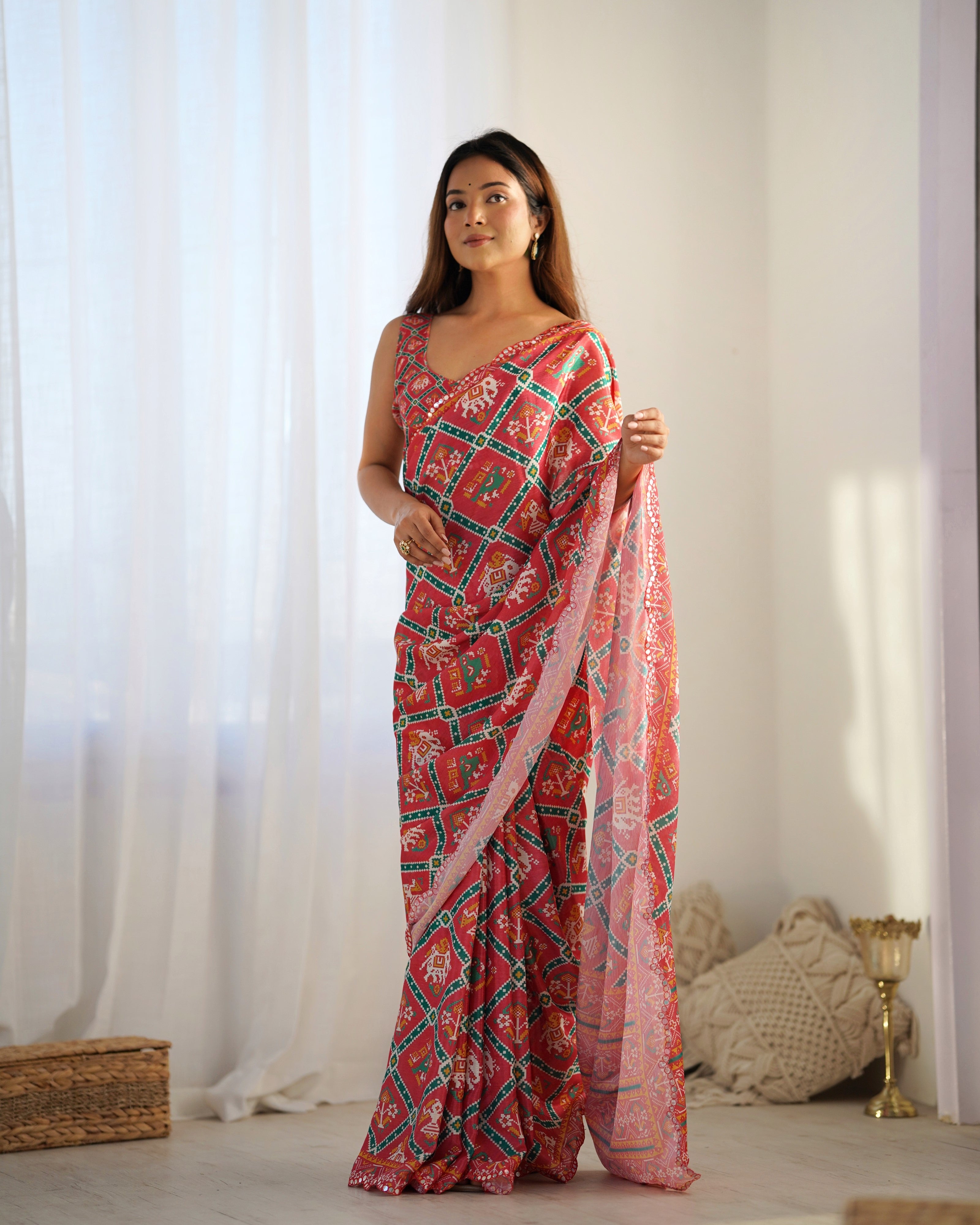 Red Beautiful Chinon Fabric Digital Printed Saree With Mirror Cut Work