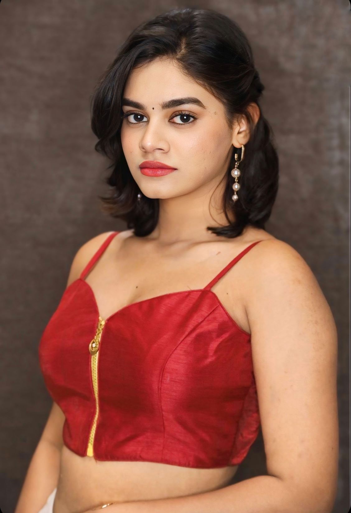 Red Blouse In Silk With Front Zip Closure, Strap Sleeves And Corset Neckline