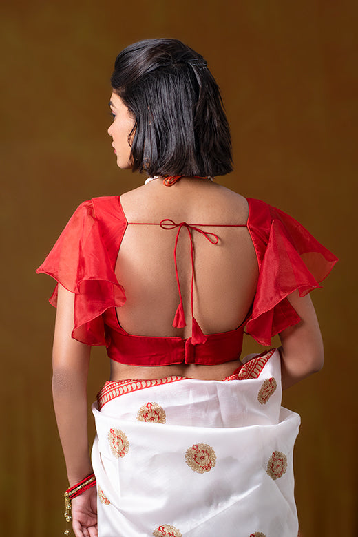 Red Blouse in Organza with A Trapeze Neck And Ruffle Sleeves