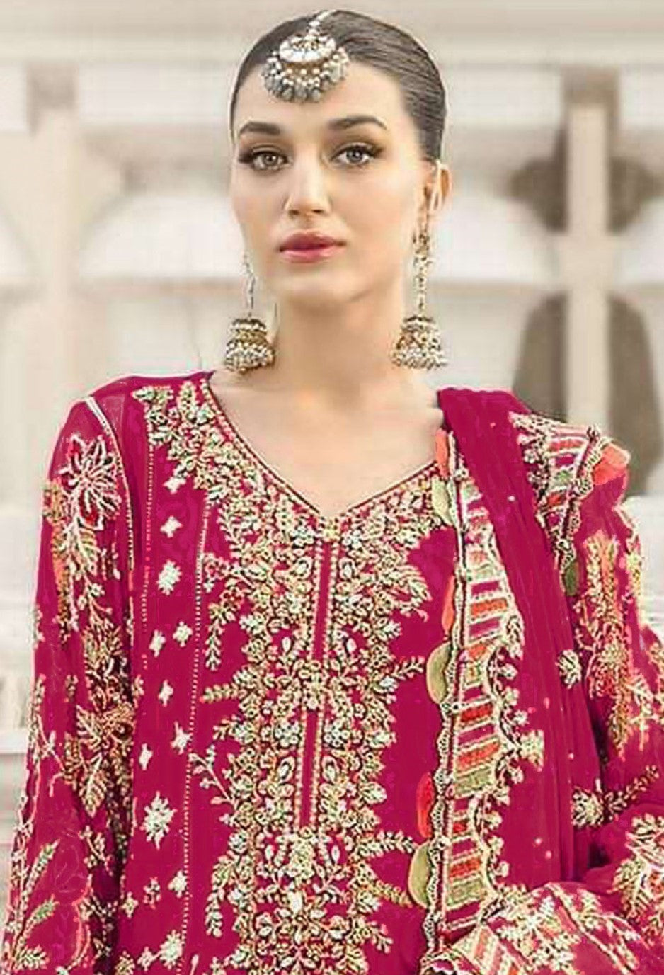 Red Chiffon Designer Suit Set With Delicate Embroidery