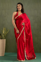 Red Chiffon Ready To Wear Designer Solid Partywear Saree