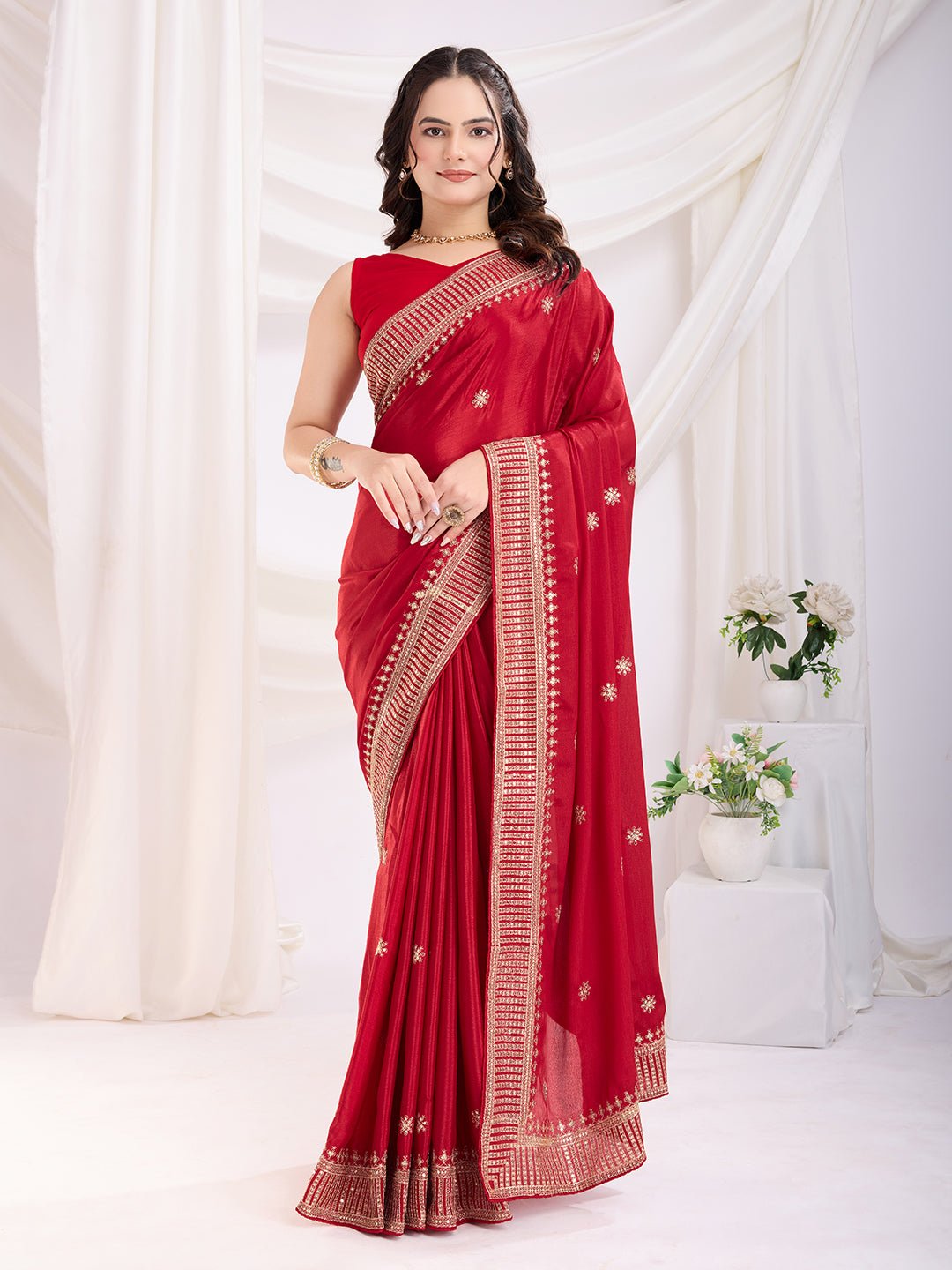 Red Chinon Silk Desigenr Zari Embroidered Ceremonial Saree