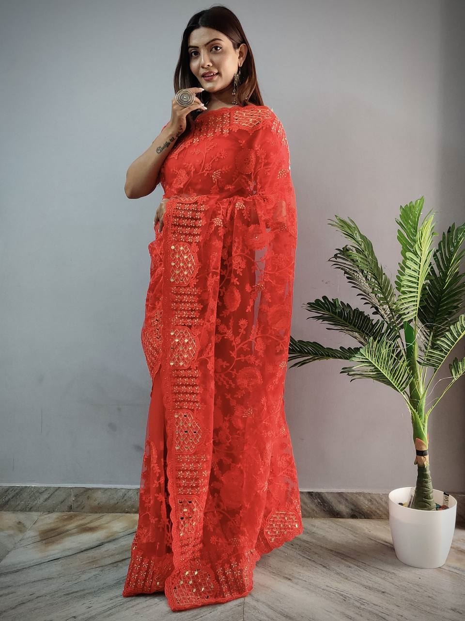 Red Colour Butterfly Work Embroidery Work Saree